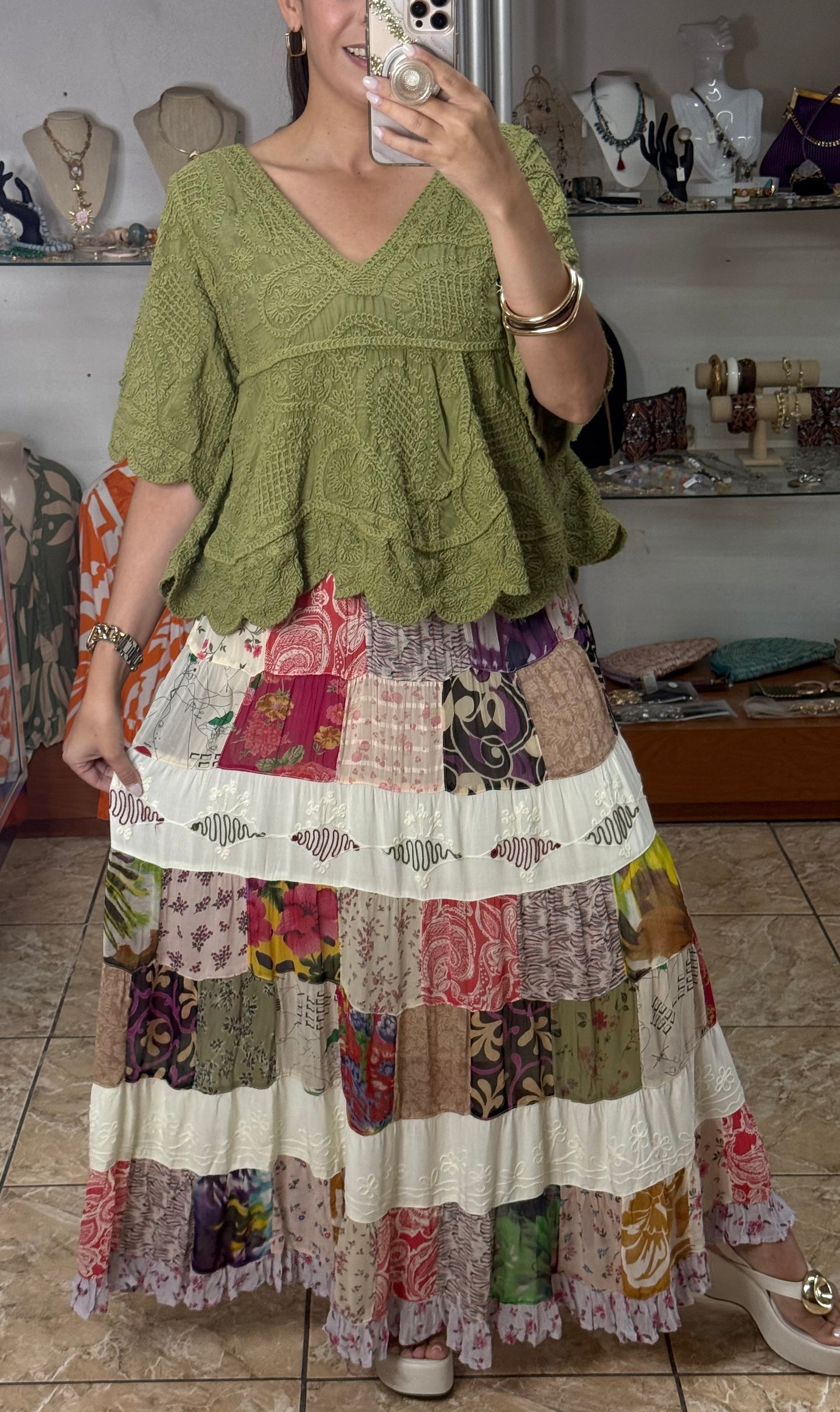 OS Green Embroidered Boho Top (NO RETURNS OR EXCHANGE)