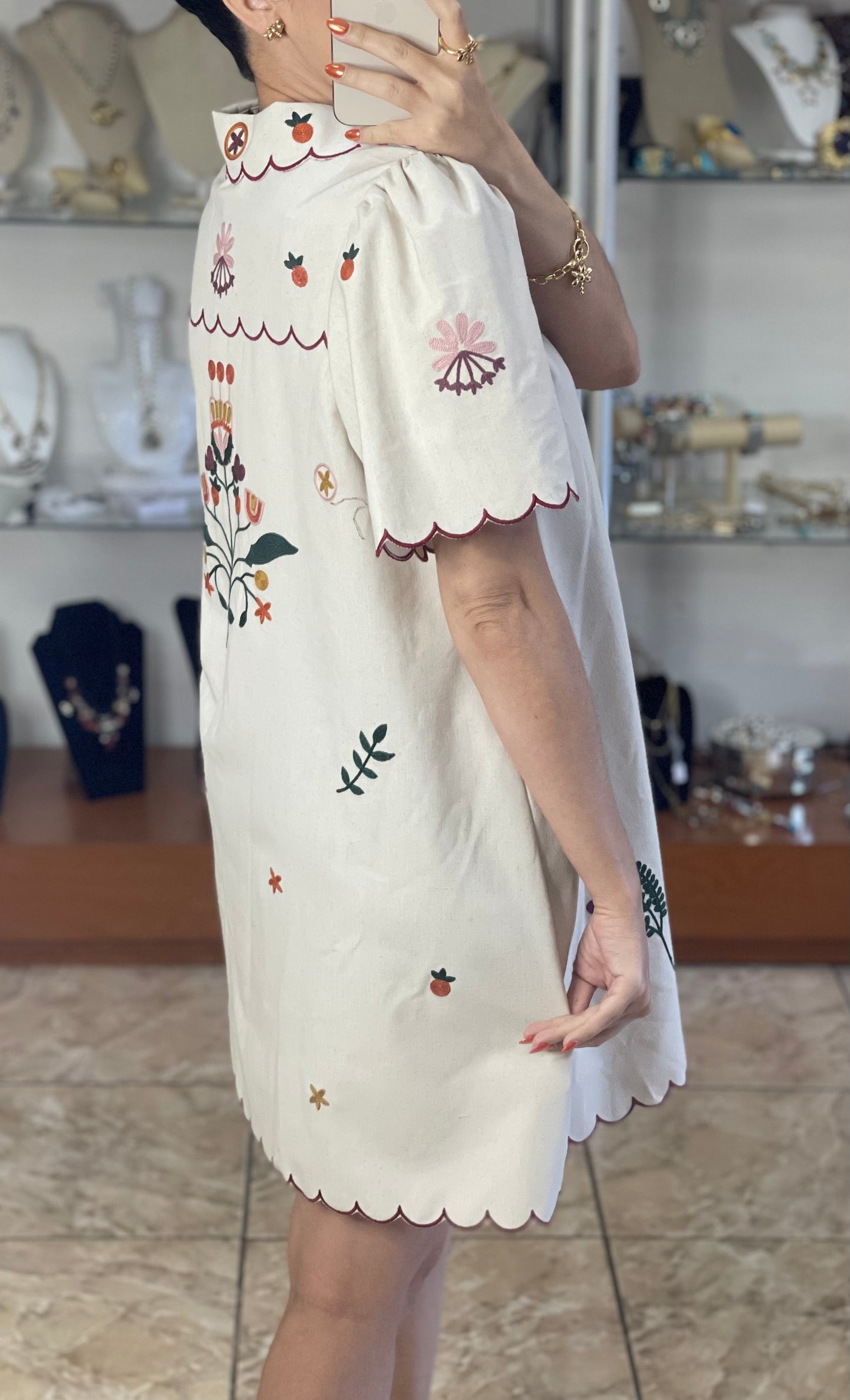 Oatmeal Embroidered Mini Dress