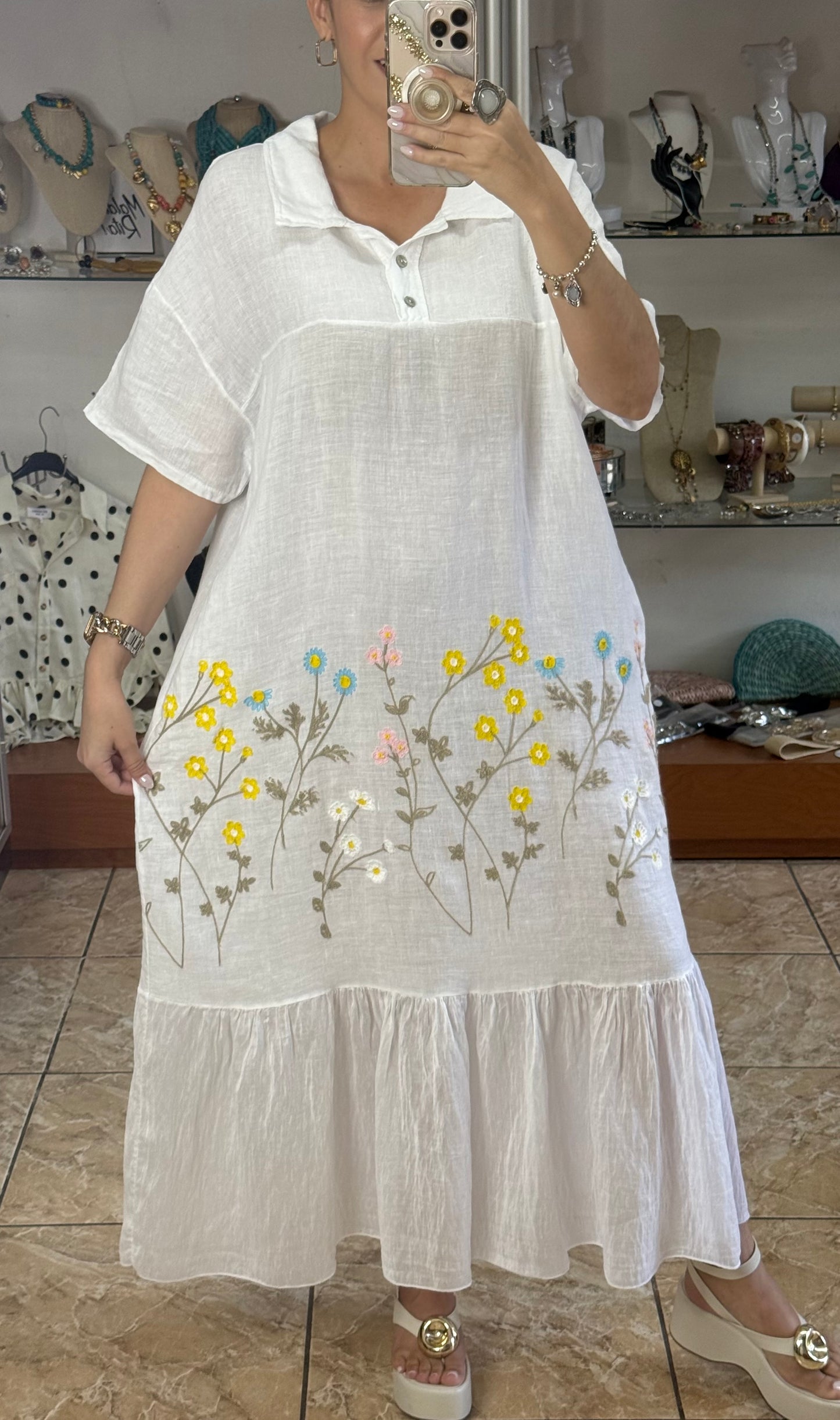 Floral Embroidered OS Linen Dress (NO RETURNS OR EXCHANGE)