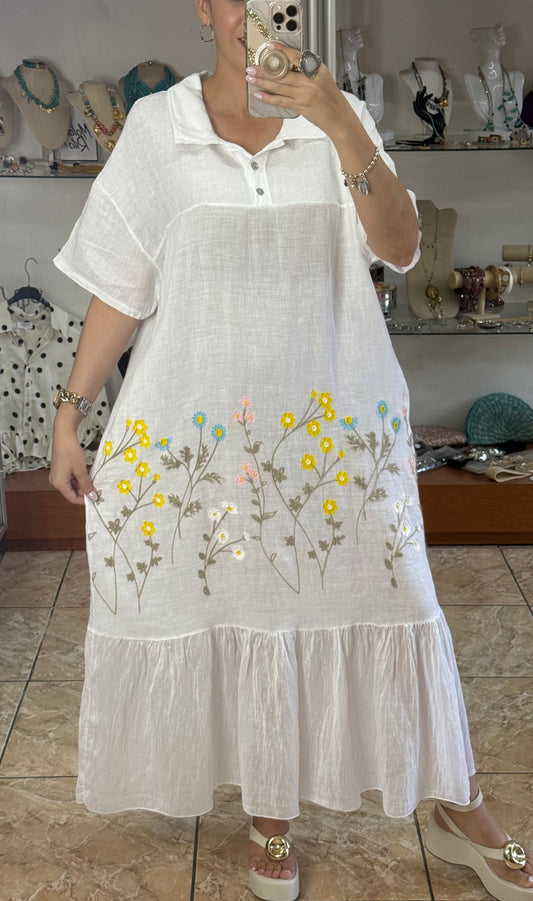 Floral Embroidered OS Linen Dress (NO RETURNS OR EXCHANGE)