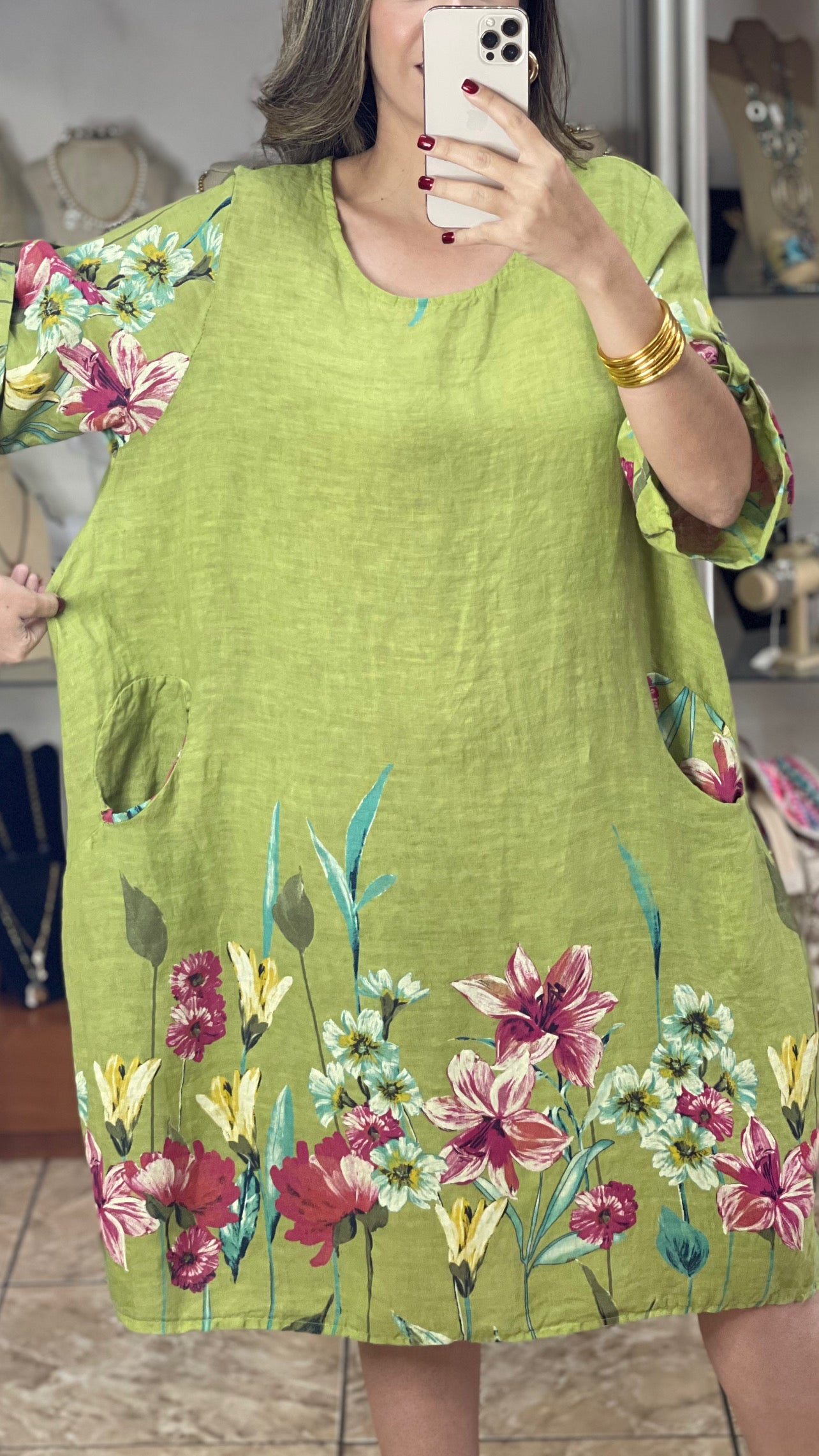 Green Floral OS Linen Midi Dress