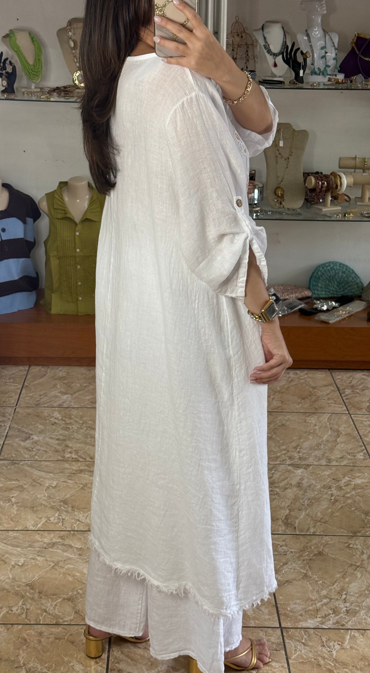 OS Asymmetrical Linen/Sequins Top (NO RETURNS OR EXCHANGE) (PANT SOLD SEPARATELY)