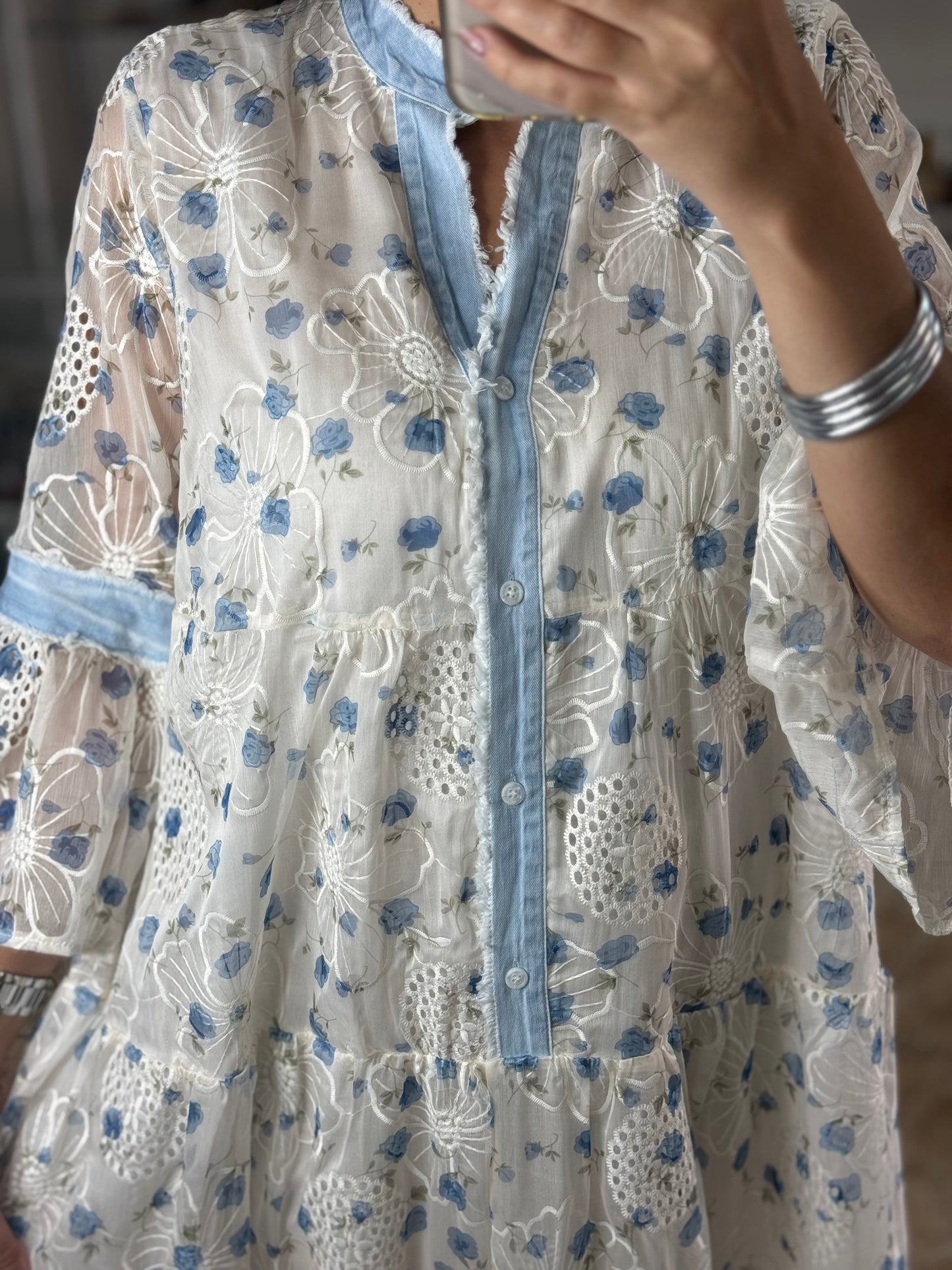 Blue Flowers OS Embroidered Maxi Dress (NO RETURNS OR EXCHANGE)