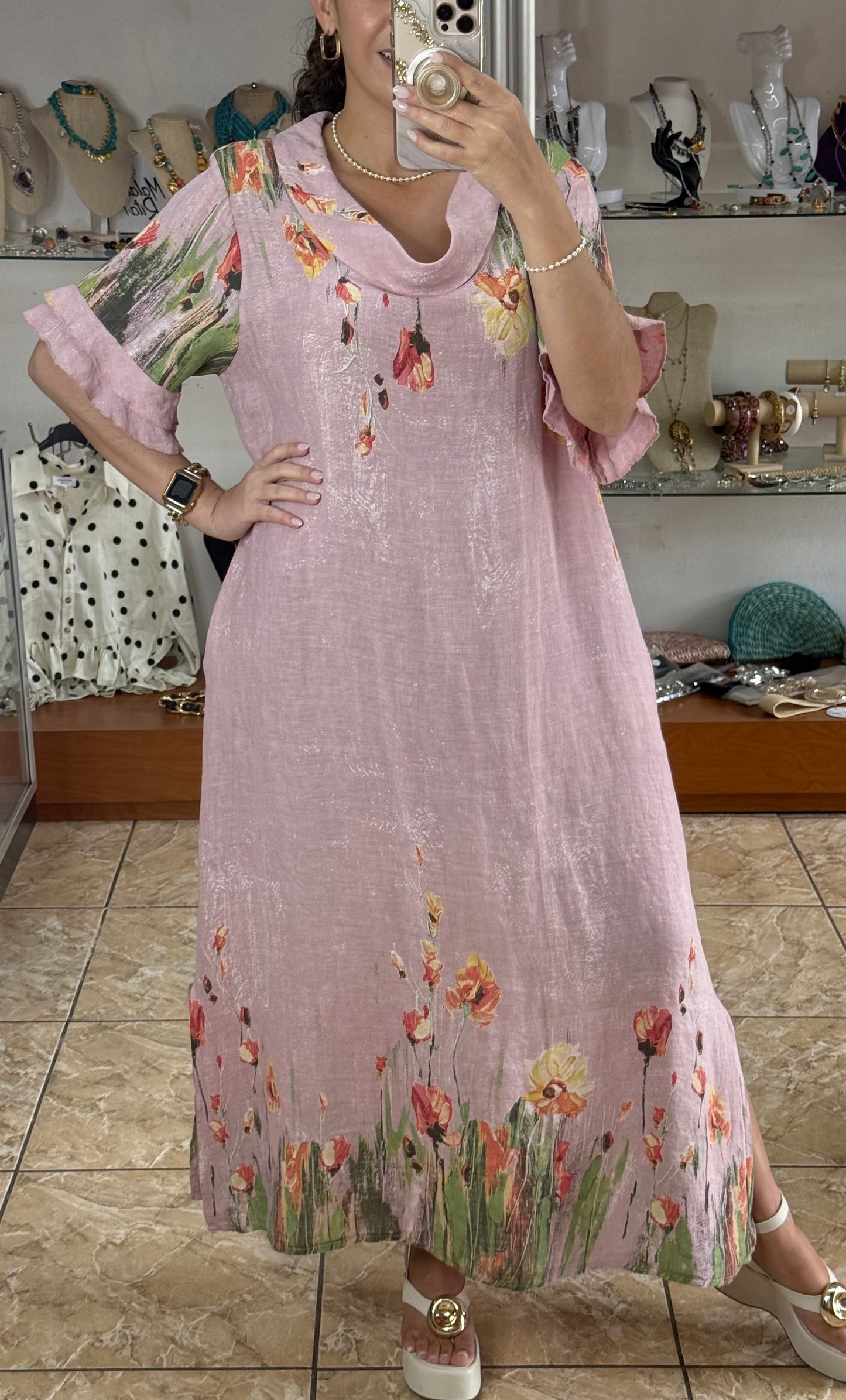 Orange Flowers OS Linen Maxi Dress (NO RETURNS OR EXCHANGE)