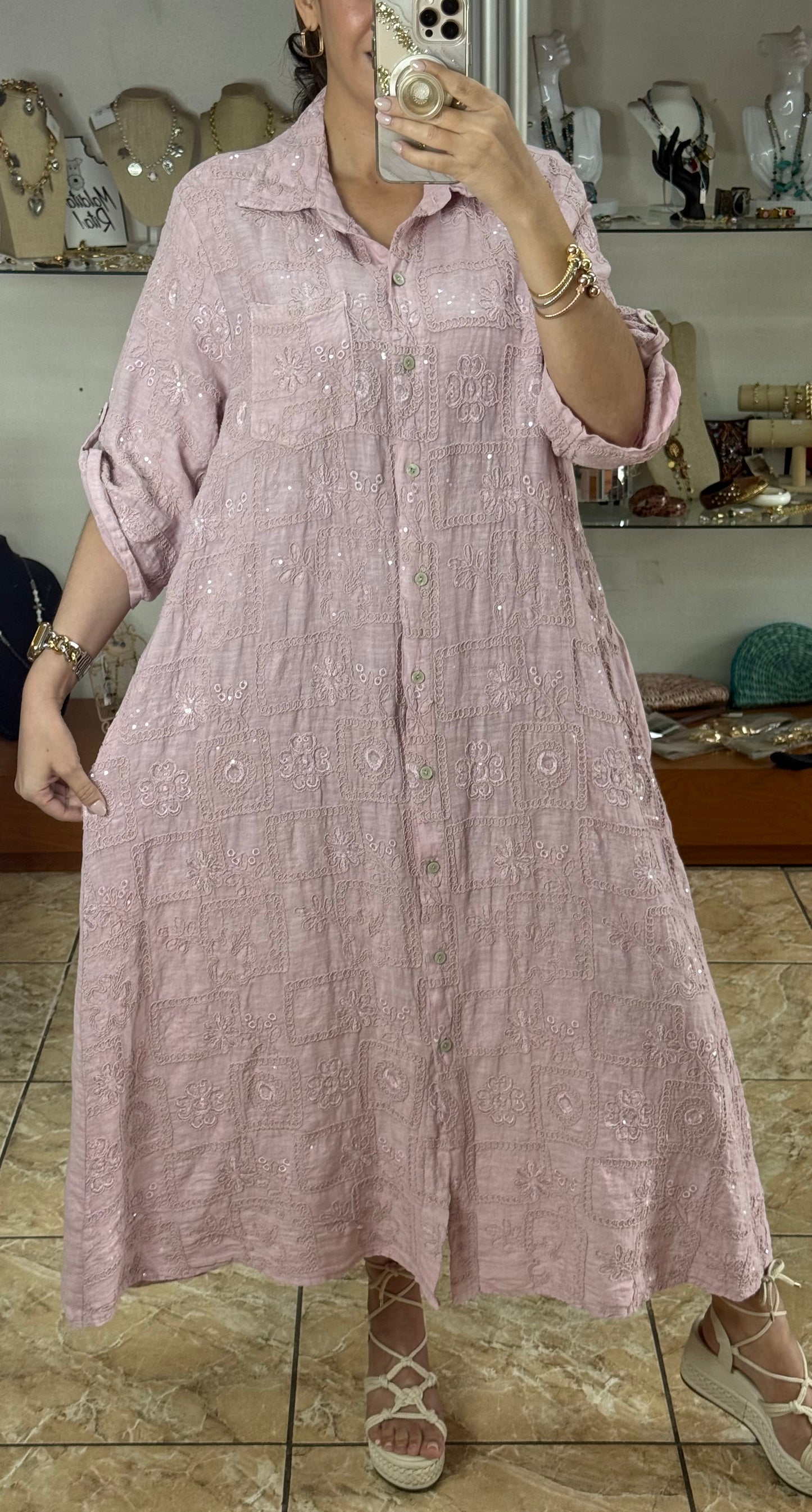OS Sequins Embroidered Linen Maxi Dress (NO RETURNS OR EXCHANGE)