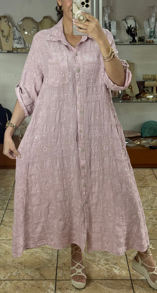 OS Sequins Embroidered Linen Maxi Dress (NO RETURNS OR EXCHANGE)