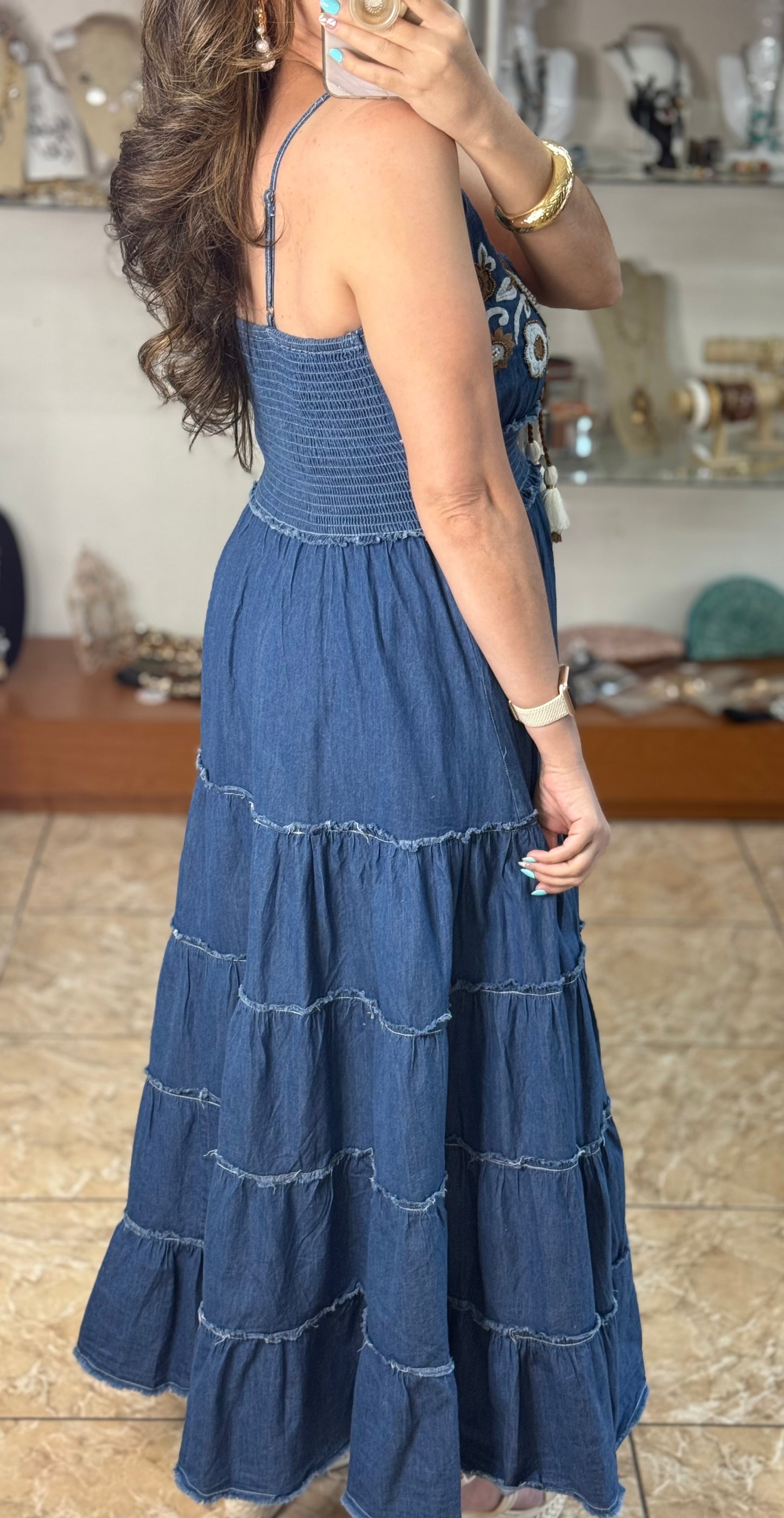 OS Embroidered Denim Maxi Dress (NO RETURNS OR EXCHANGE)