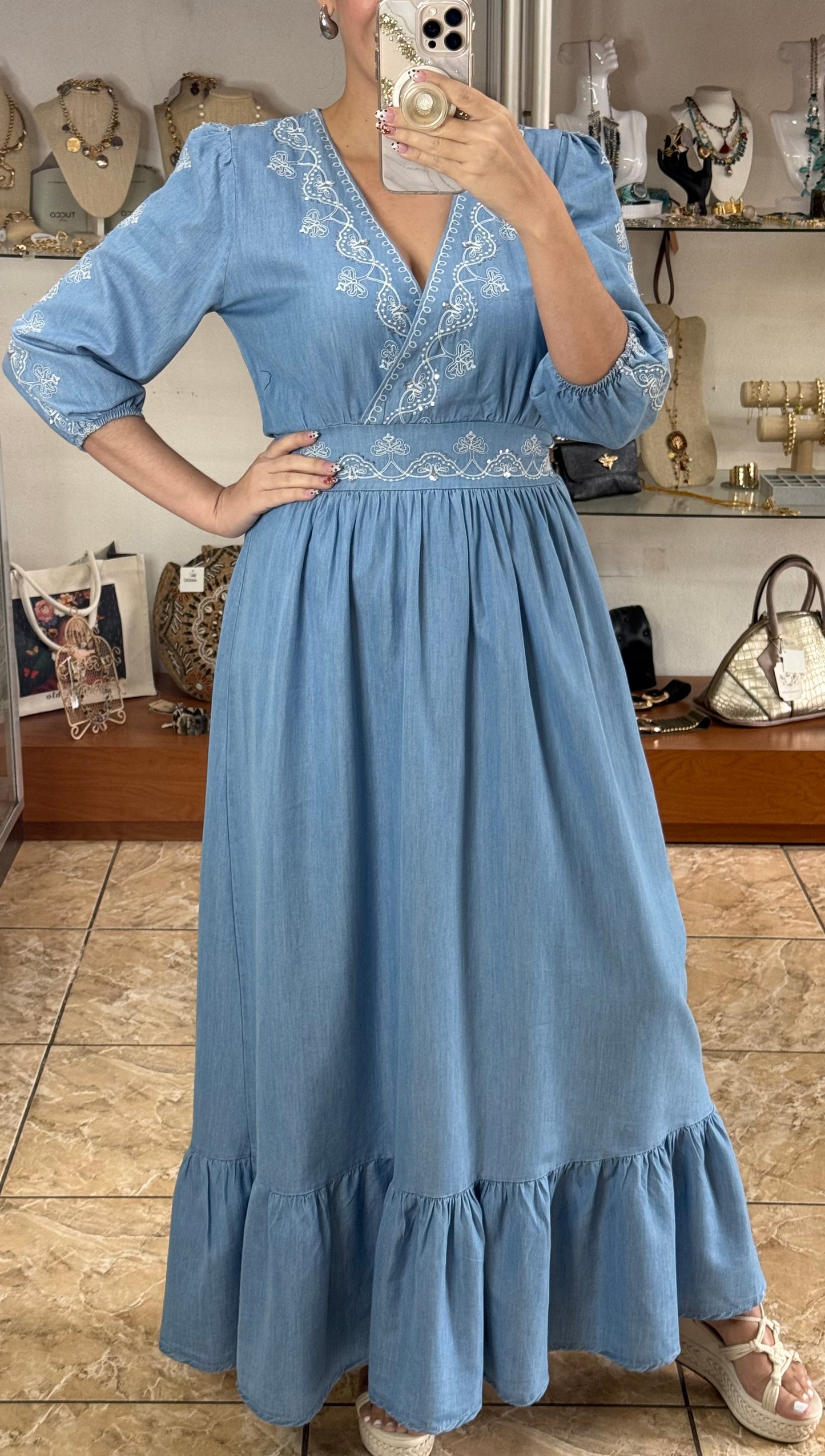 Sequins Denim Maxi Dress (FINAL SALE)