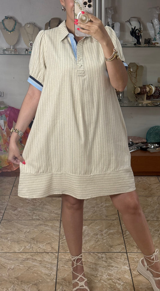 Oatmeal Linen Stripes Polo Dress