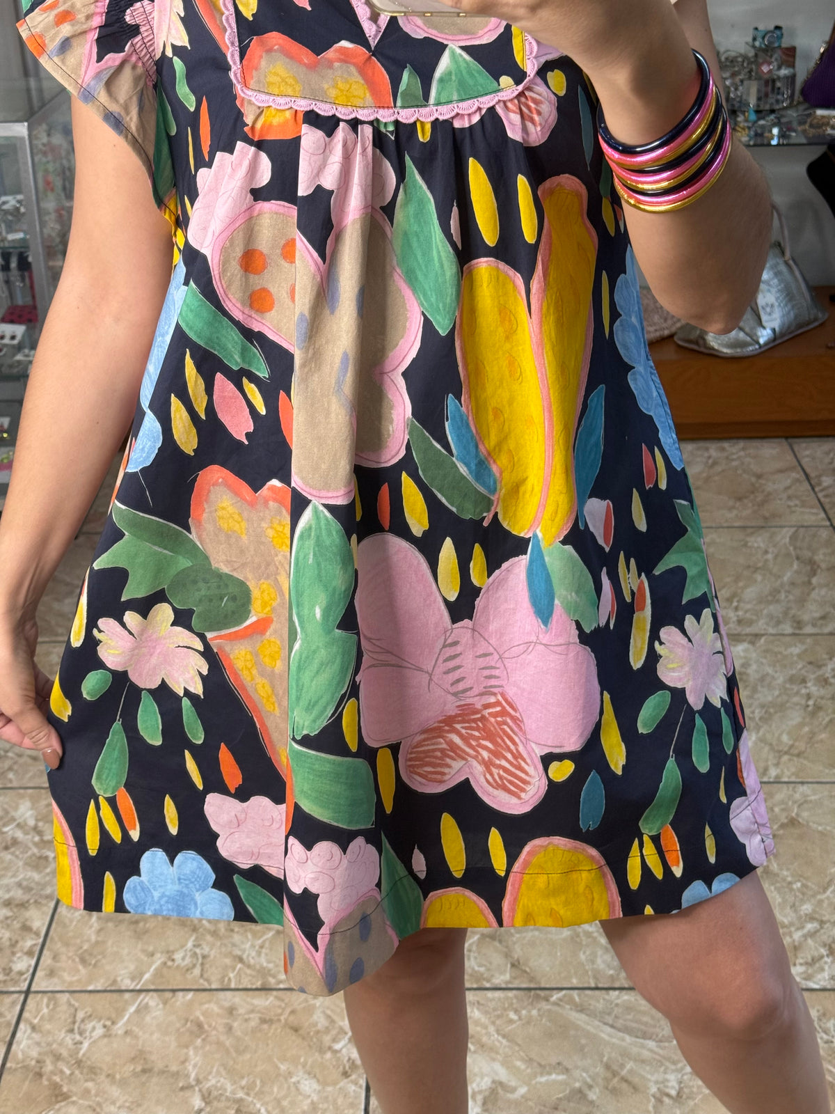 Navy Floral Flutter Sleeves Mini Dress