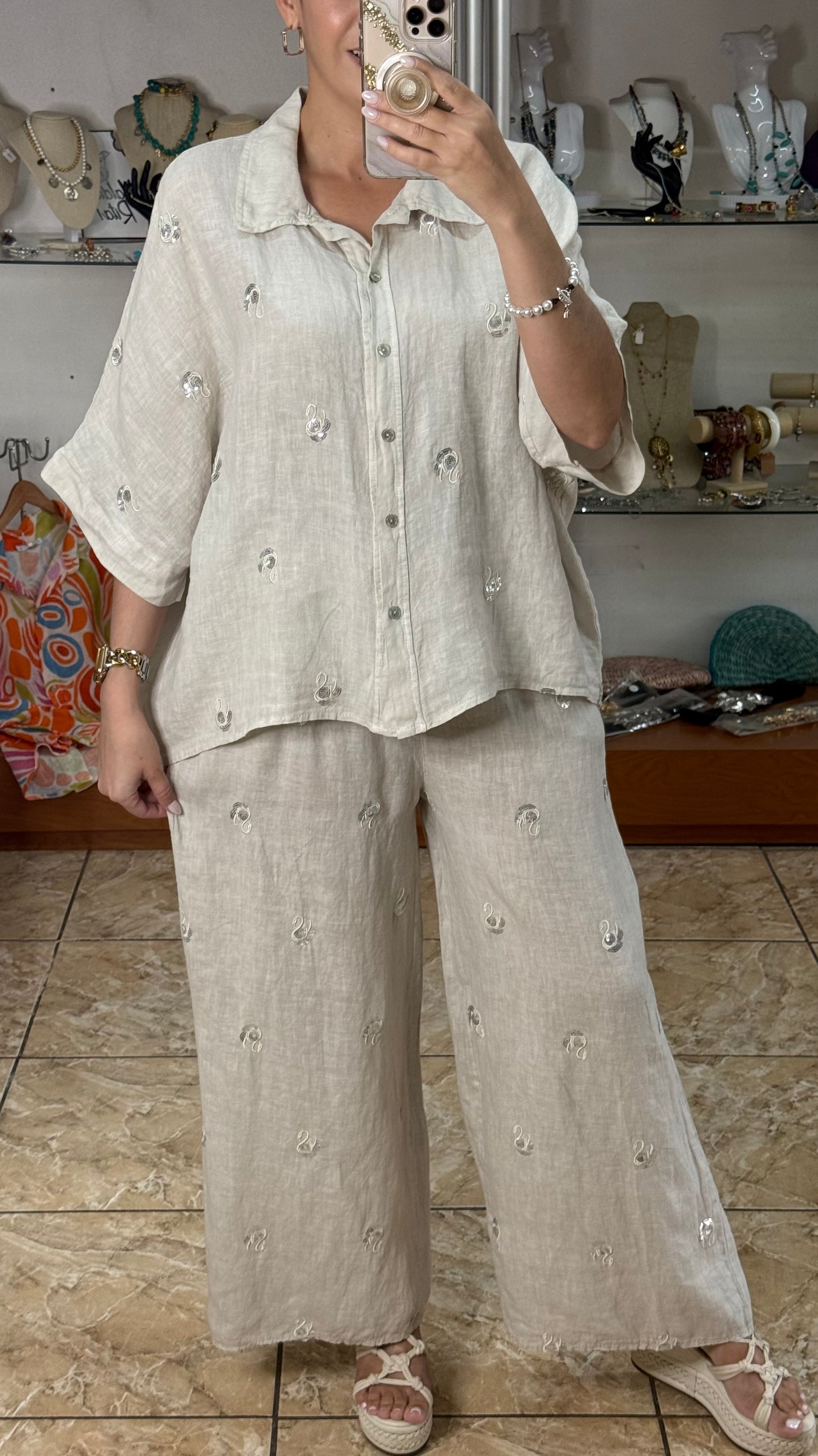 Swans Sequins OS Linen Pant Set (NO RETURNS OR EXCHANGE)