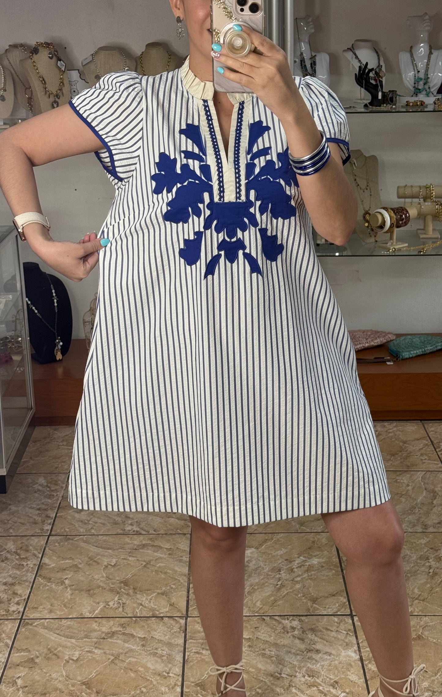 Blue Stripes Embroidered Short Dress
