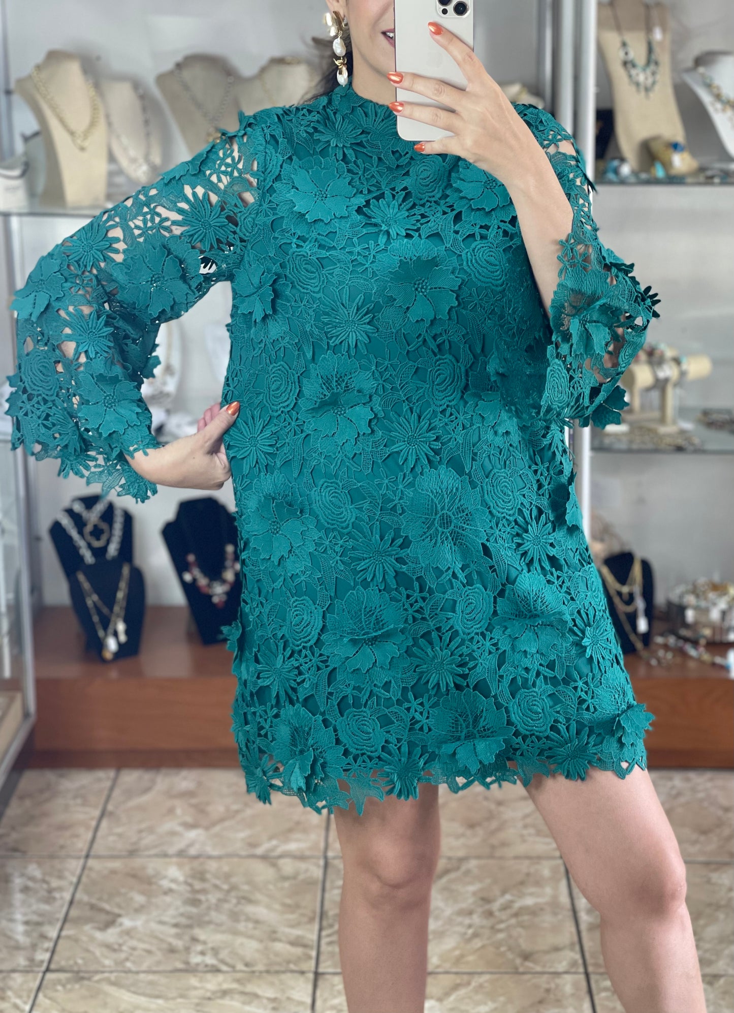 Teal Lace Mini Dress