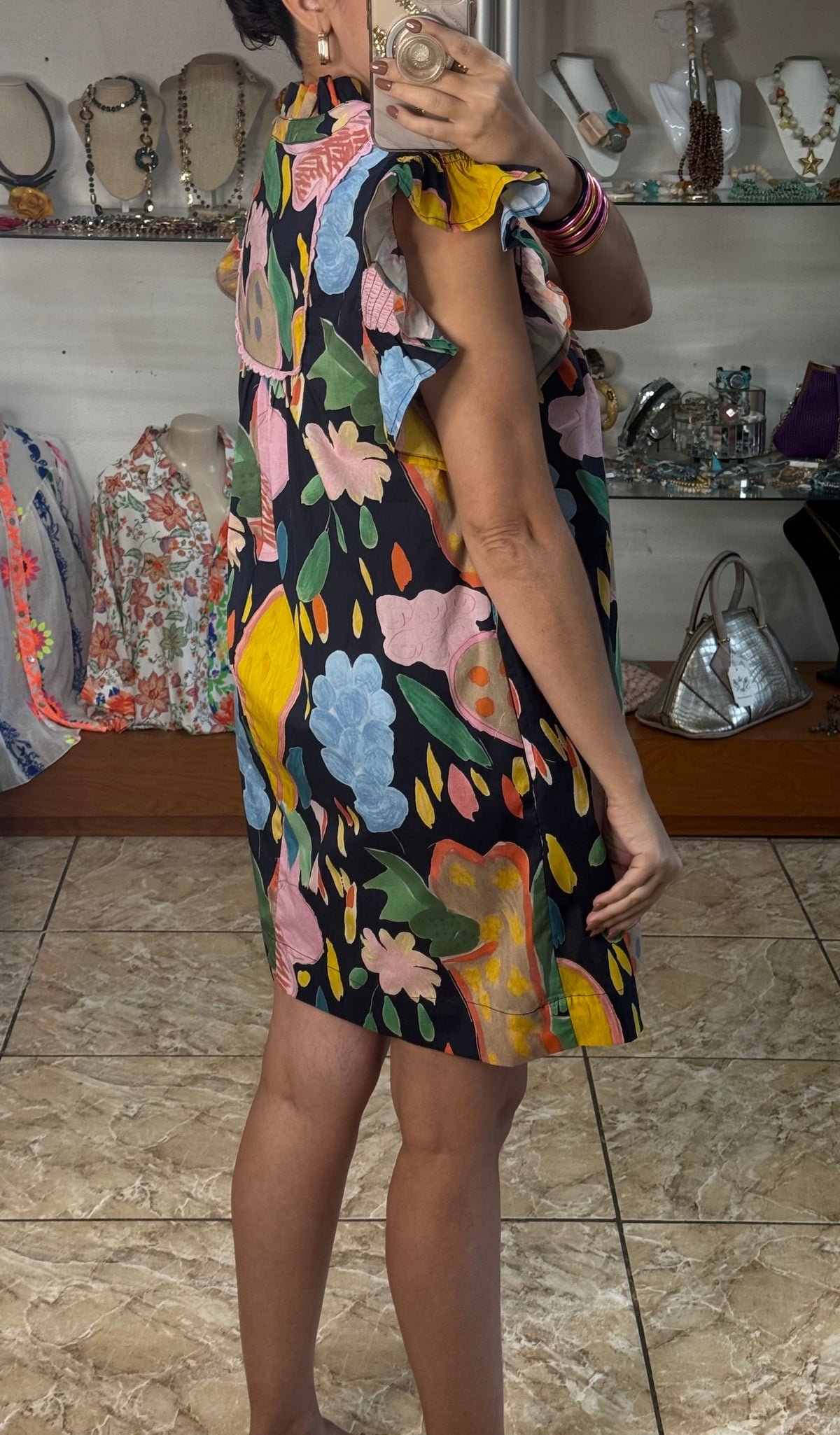 Navy Floral Flutter Sleeves Mini Dress