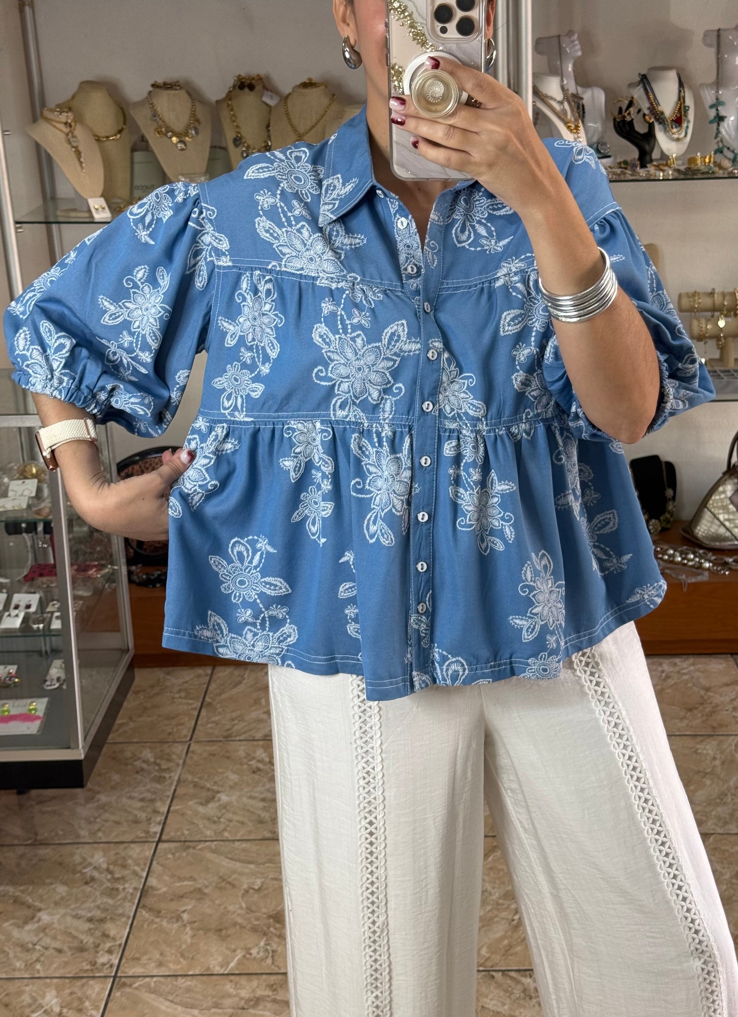 Denim Like Floral Embroidered Top