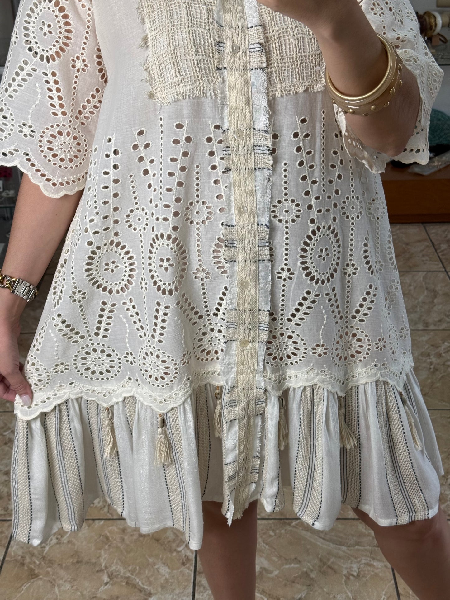 Natural Eyelet Button Down Dress