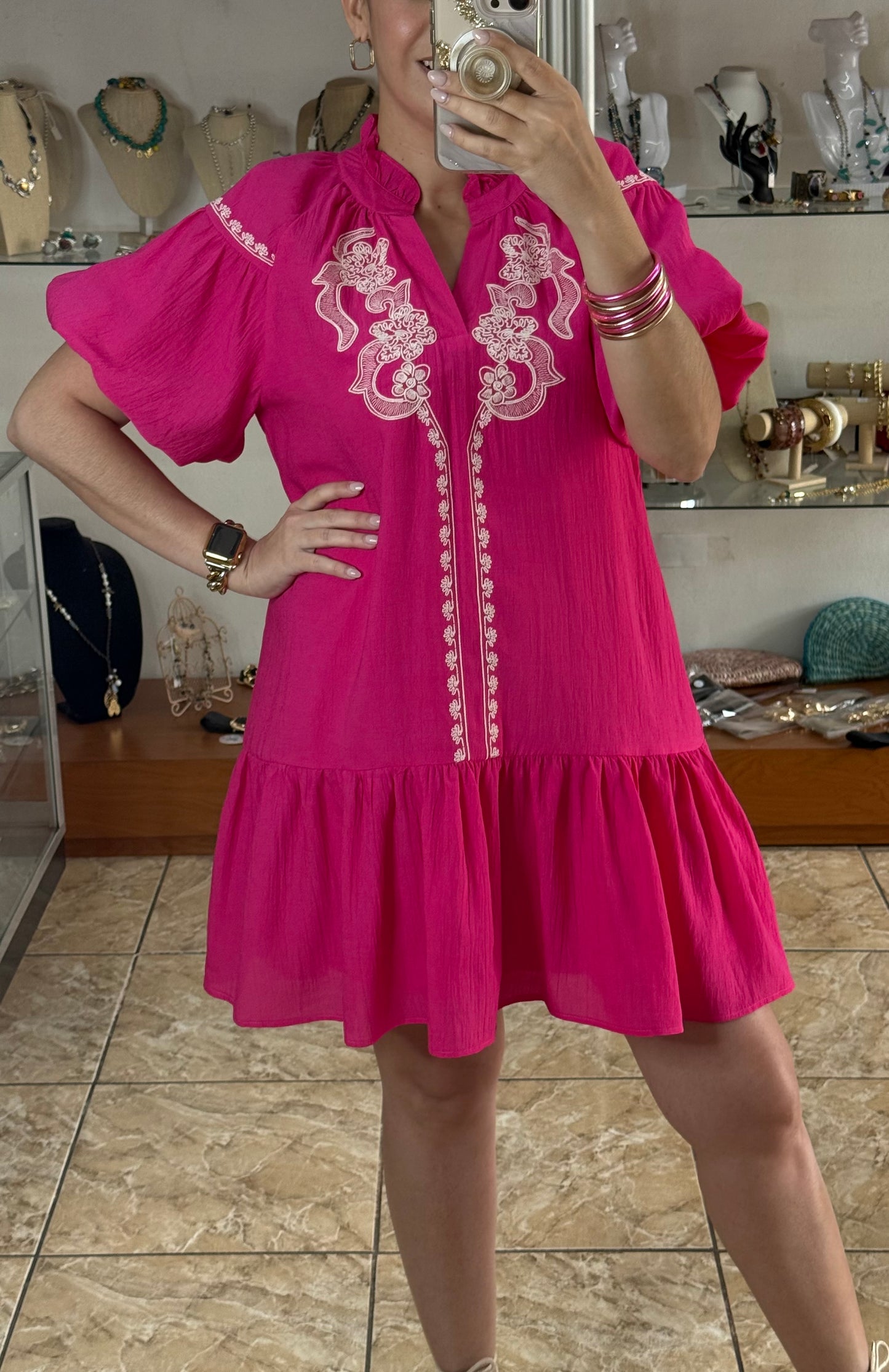 Fuchsia Embroidered Babydoll Dress