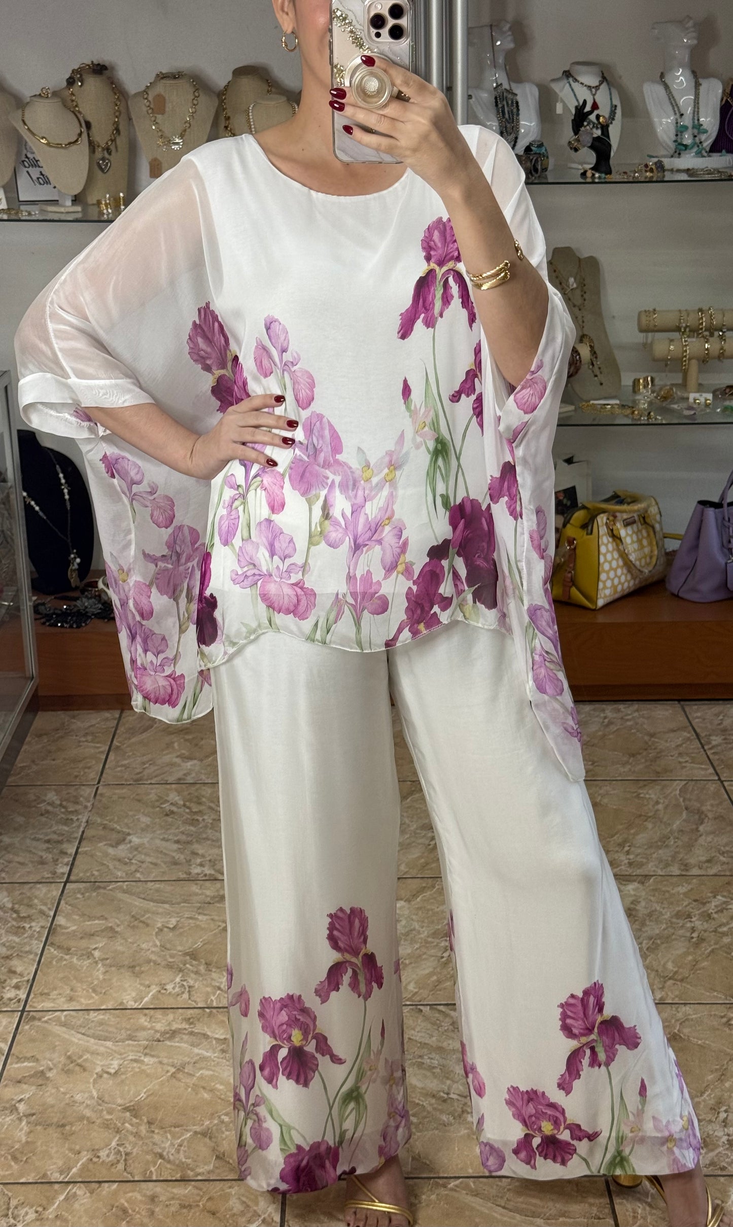White Floral Silk OS Pant Set (FINAL SALE)