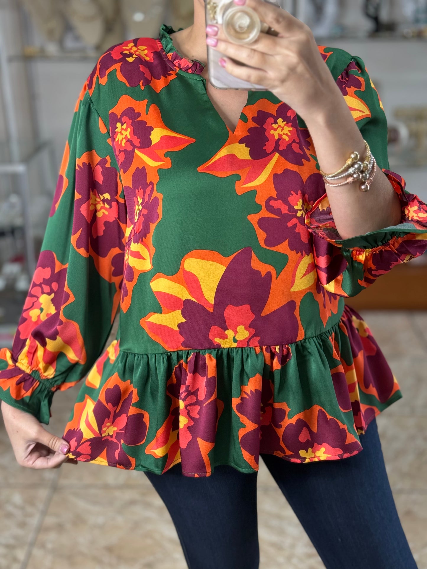 Green Floral Satin Top