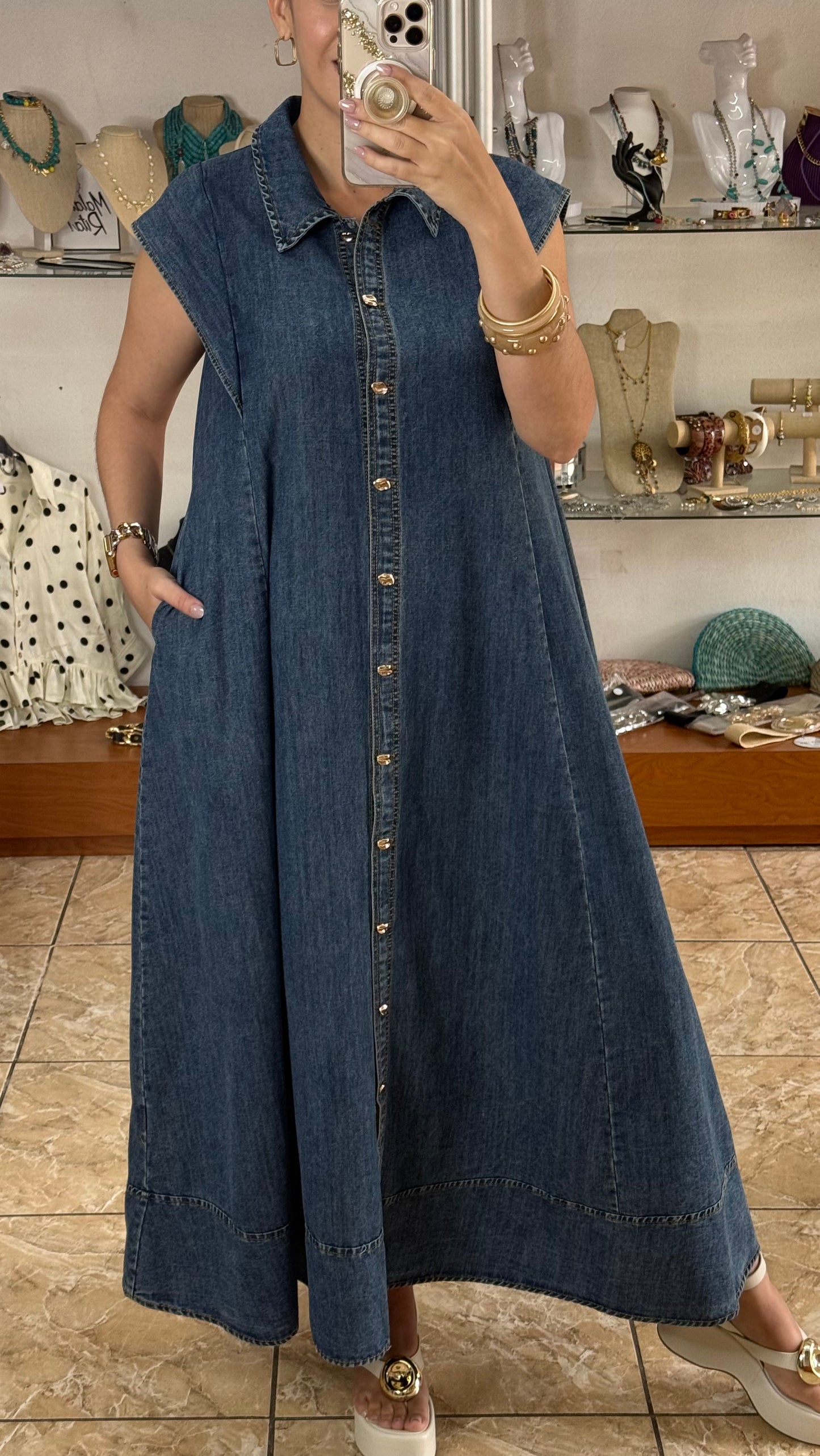 Gold Buttons Denim Maxi Dress