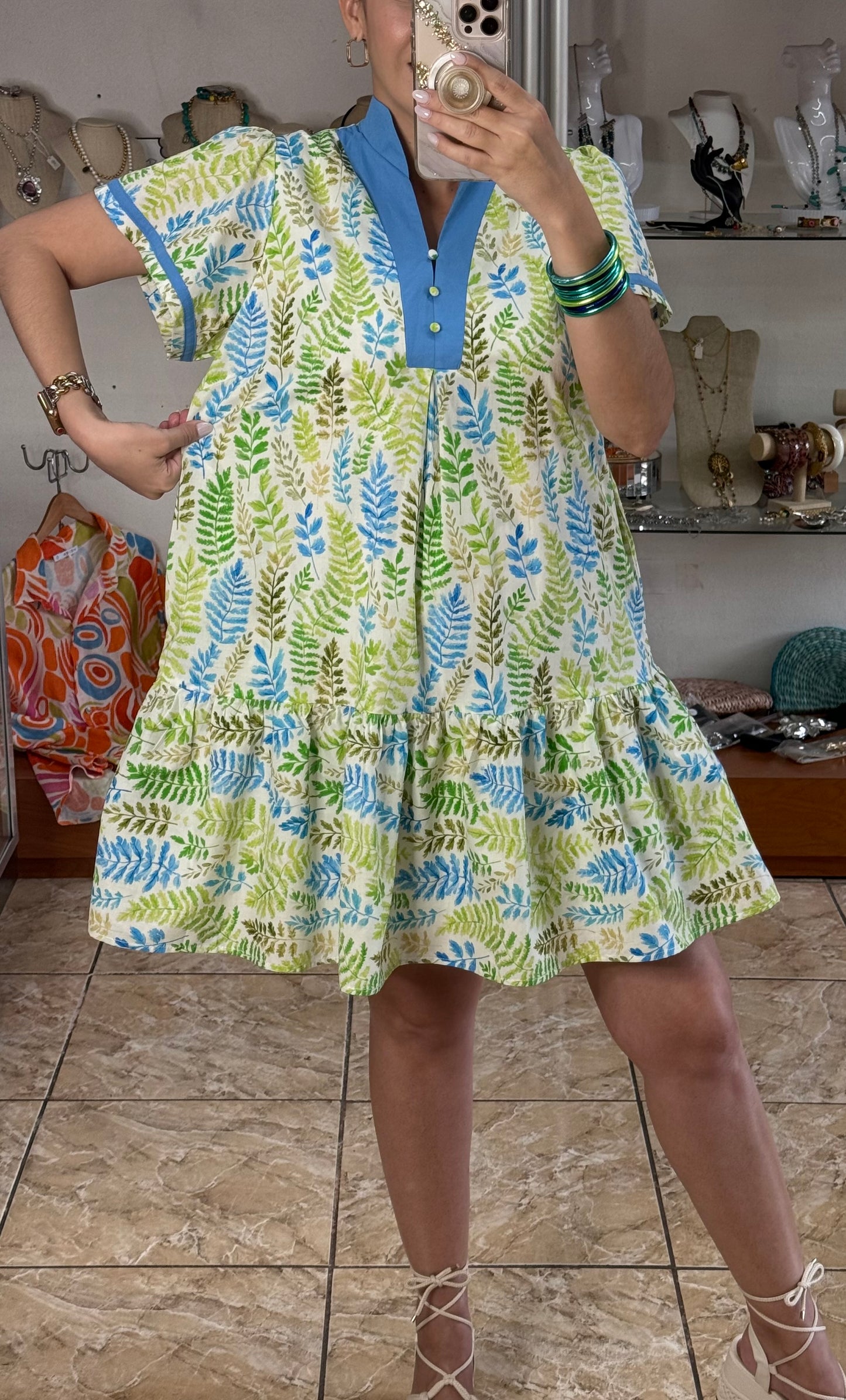 Green Mix Leaves Mini Dress