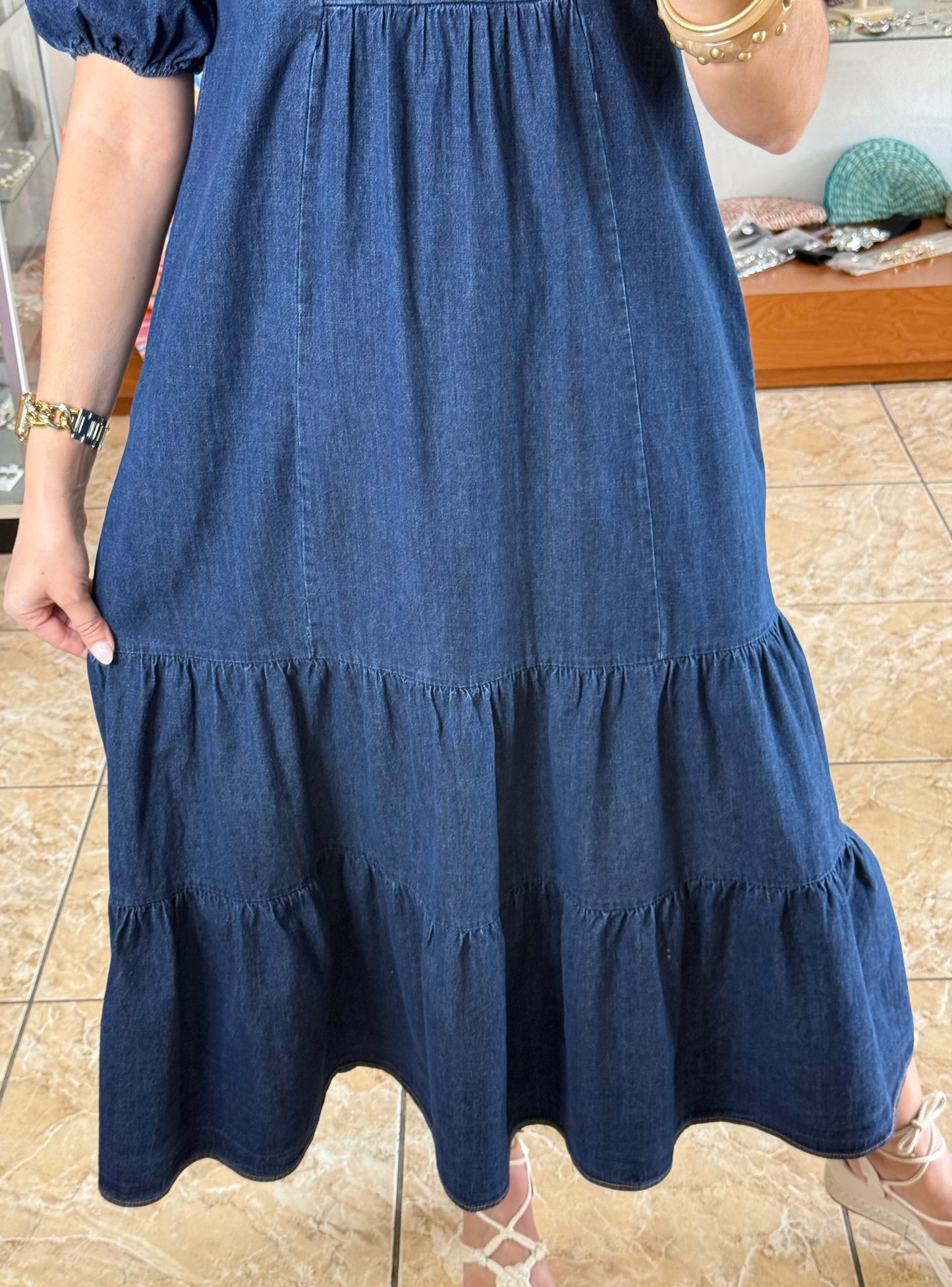 Dark Denim Tiered Midi Dress