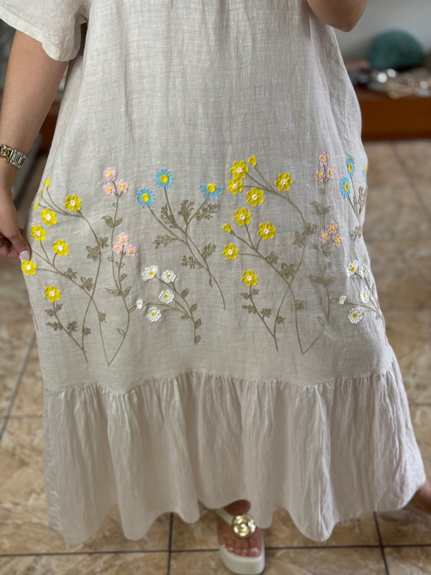 Floral Embroidered OS Linen Dress (NO RETURNS OR EXCHANGE)