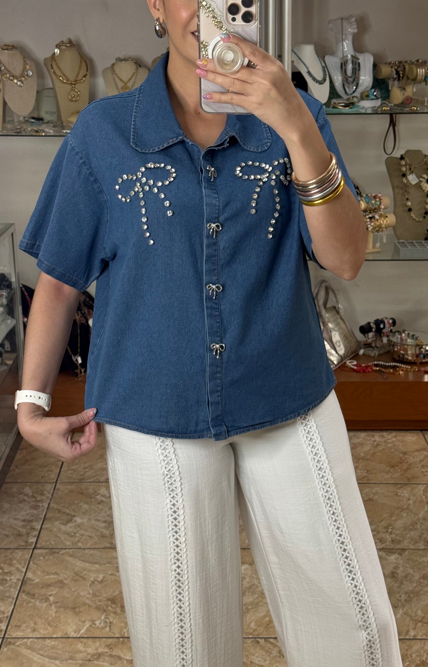 Rhinestone Ribbons Denim Top