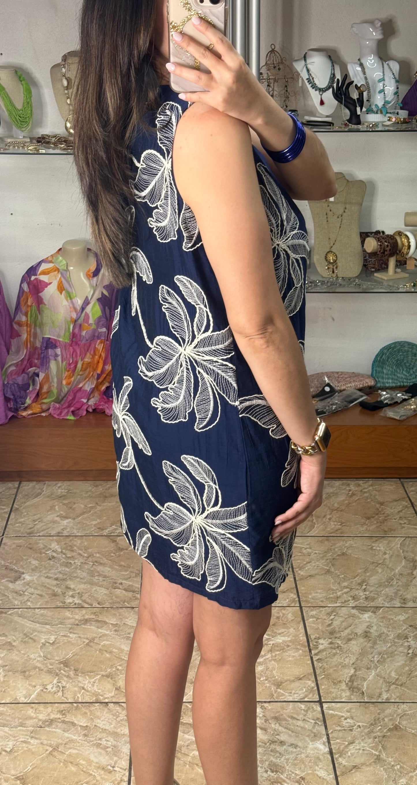 Navy Embroidered Sleeveless Dress