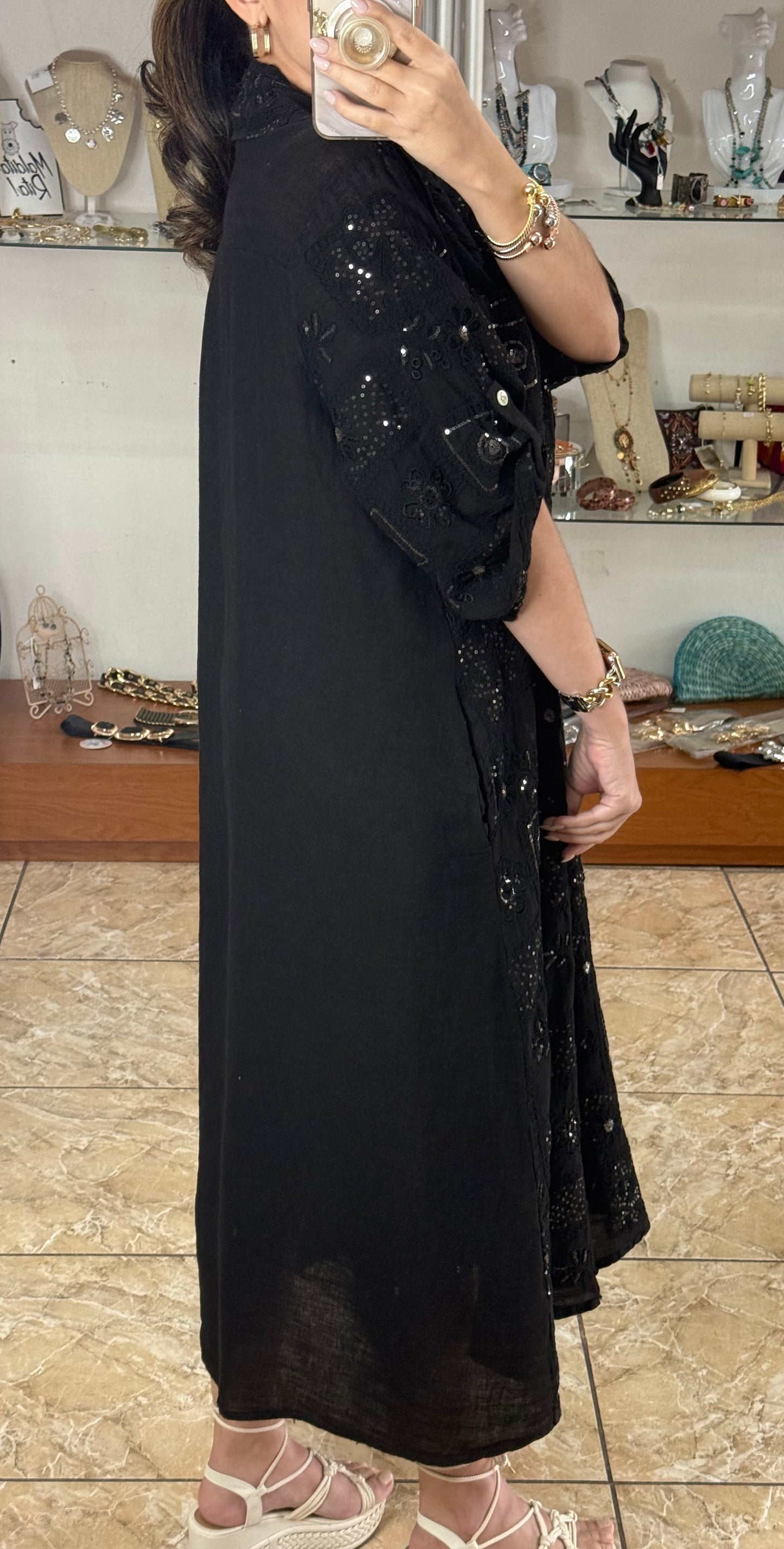 OS Sequins Embroidered Linen Maxi Dress (NO RETURNS OR EXCHANGE)