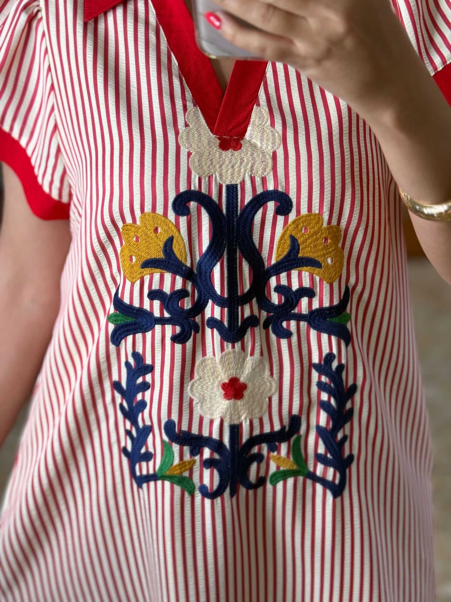 Red Stripes Embroidered Midi Dress