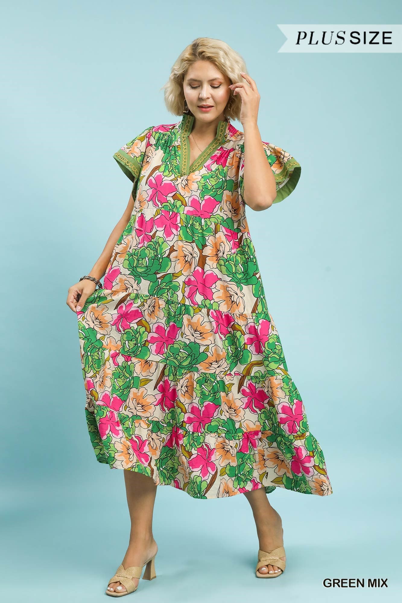 Green Mix Floral Tiered Midi Dress (PLUS)