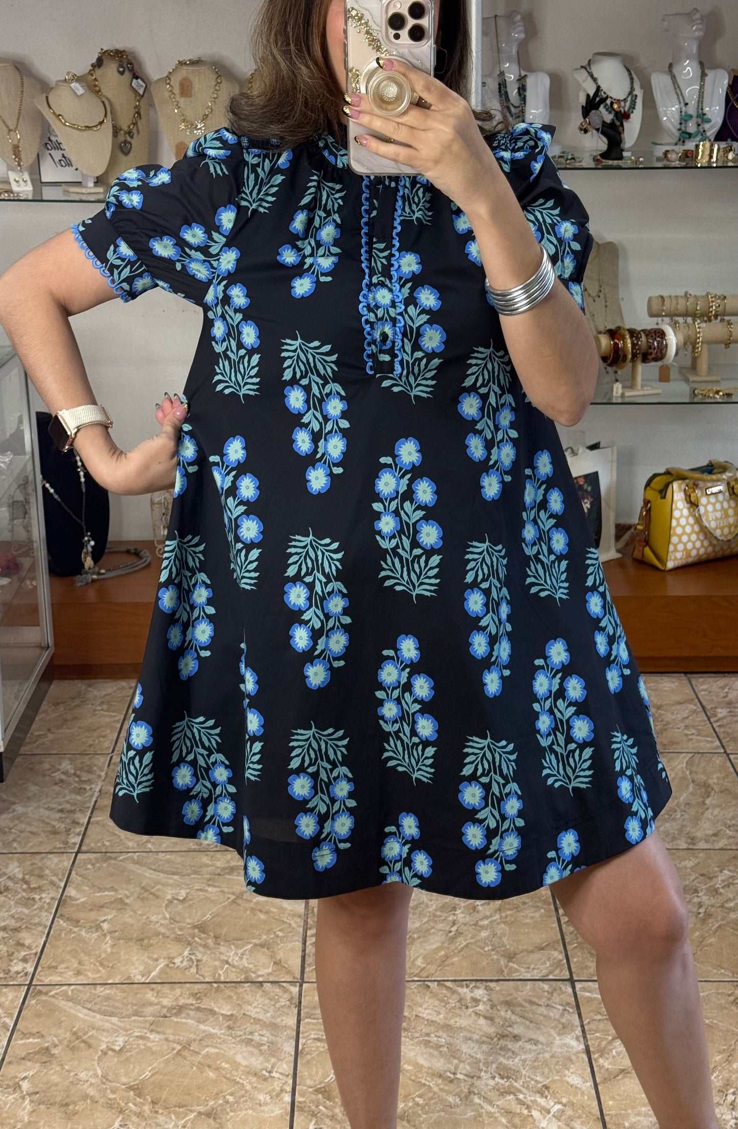 Black/Blue Floral Doll Dress (FINAL SALE)