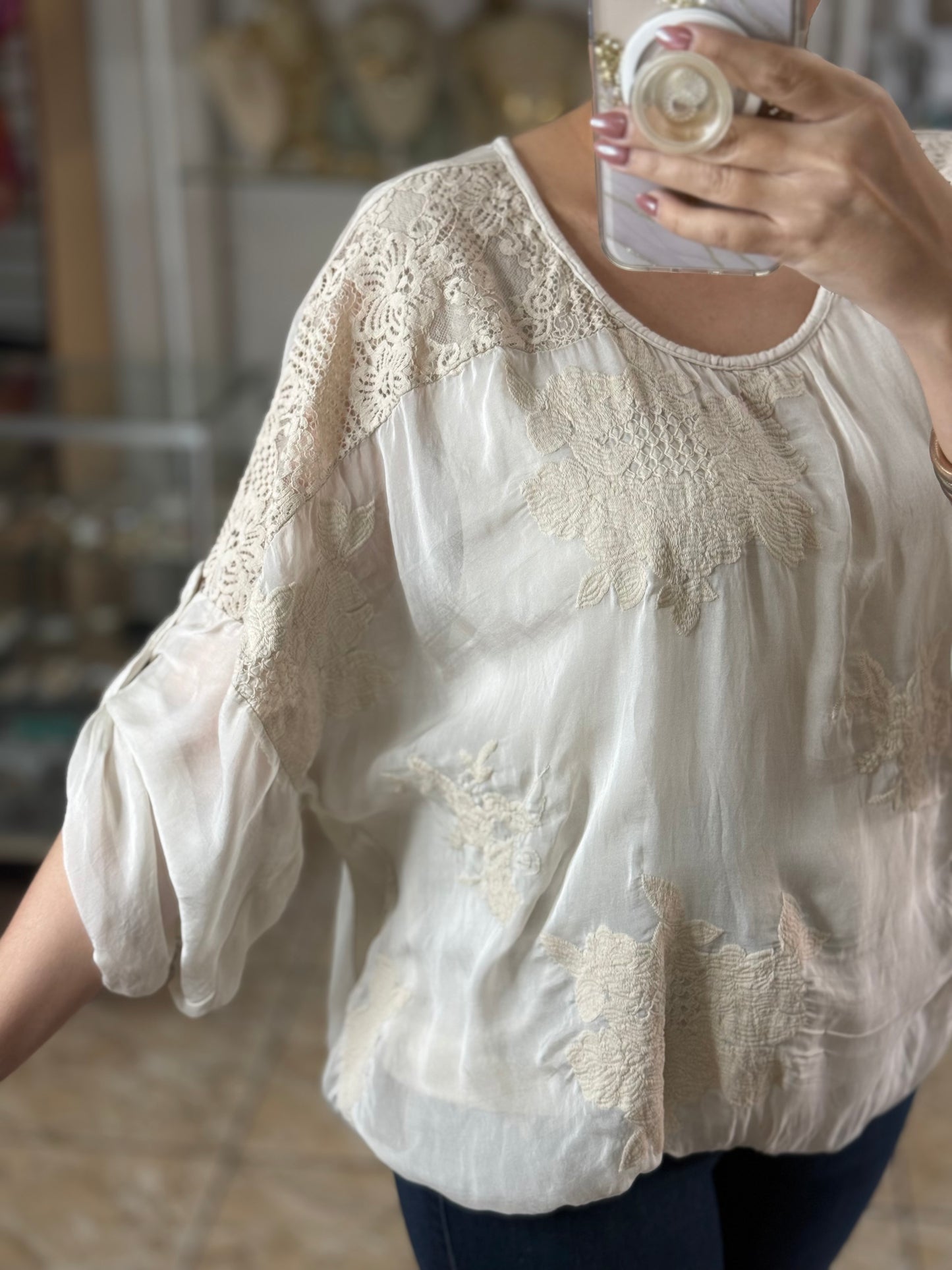 Cream Embroidered Silk OS Top (FINAL SALE)