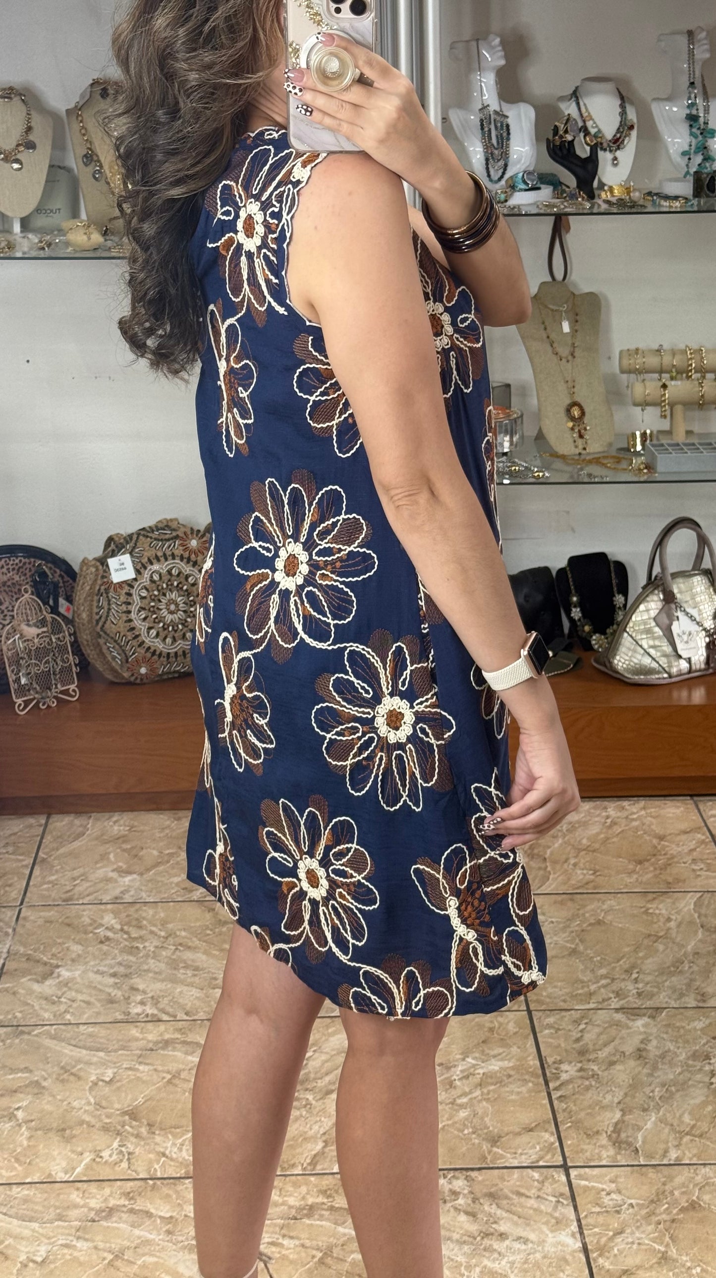 Navy Floral Embroidered Dress