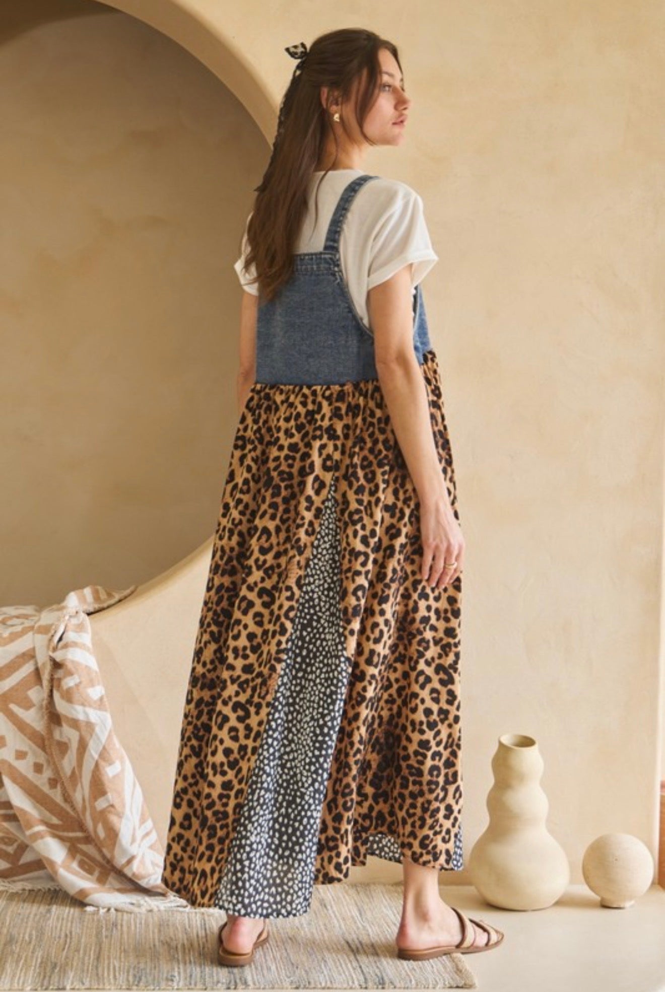 Denim Leopard Overall Dress (PLUS)