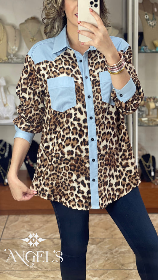 Leopard/Denim Button Down Top