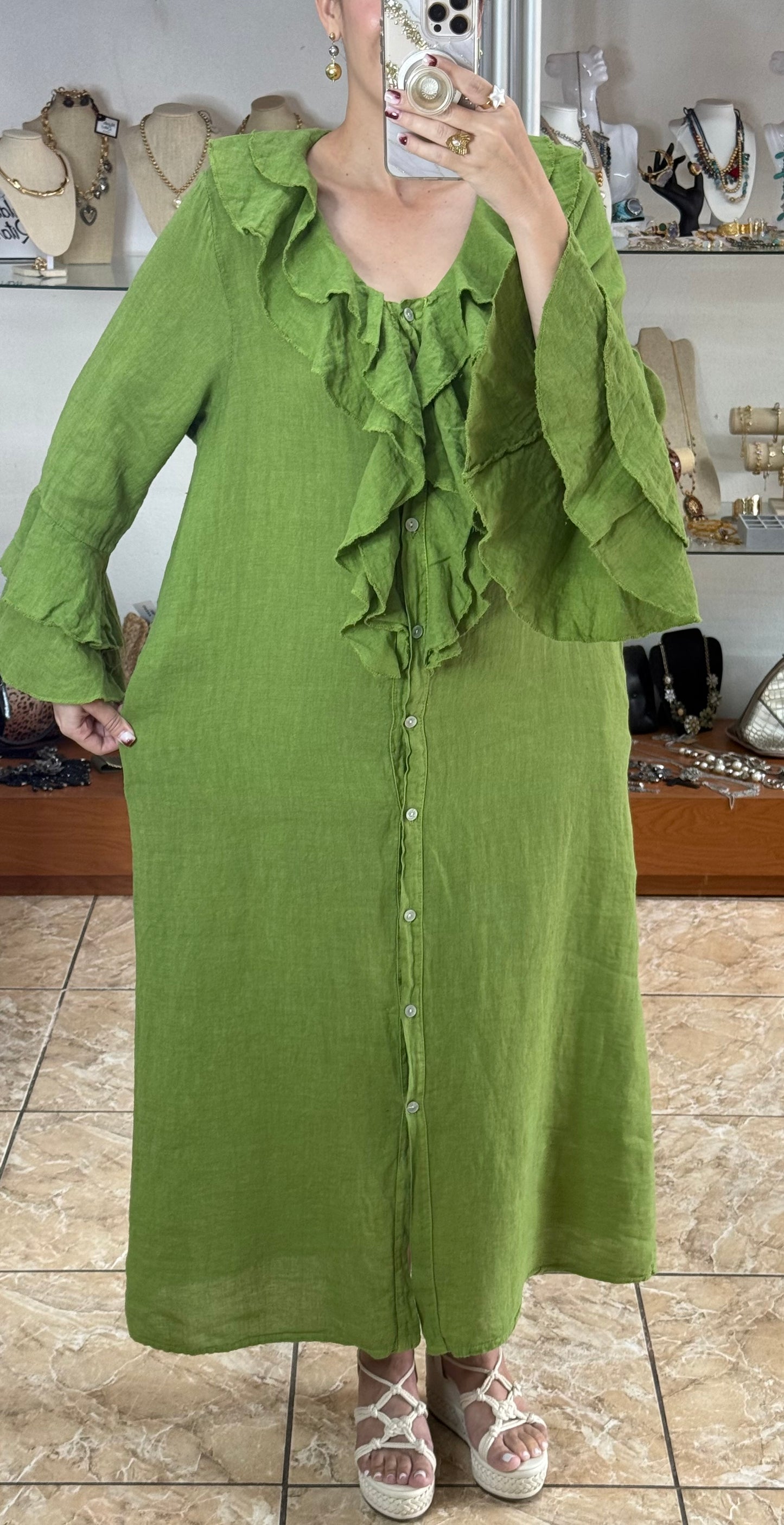 Ruffle Details OS Linen Maxi Dress (FINAL SALE)
