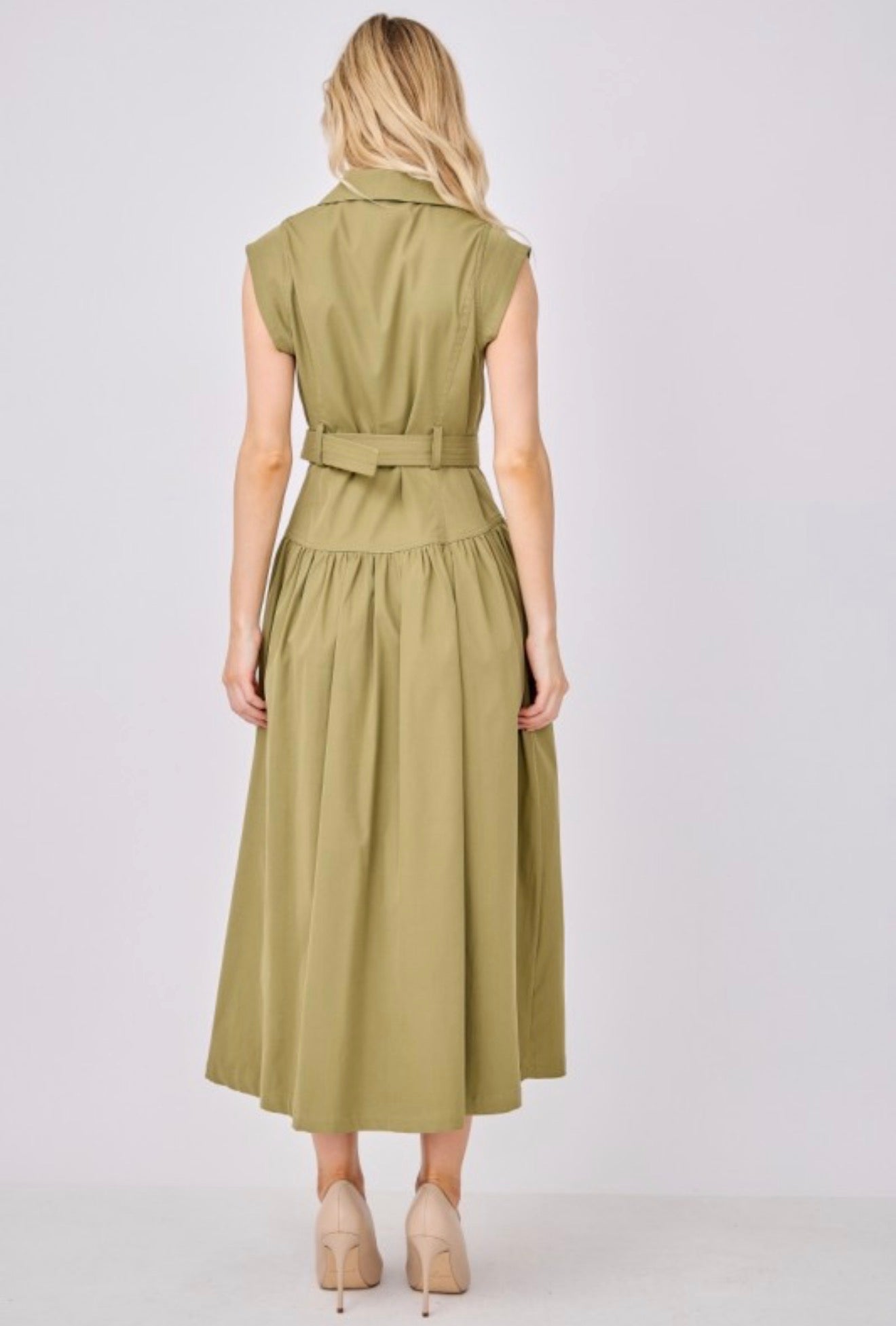 Olive Cap Sleeve Button Down Dress