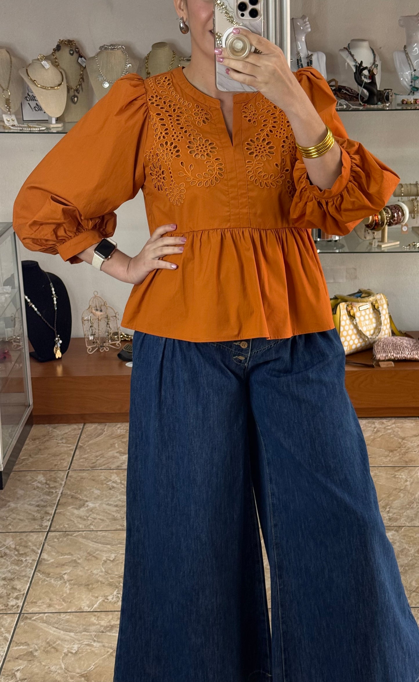 Long Sleeves Caramel Embroidered Peplum Top