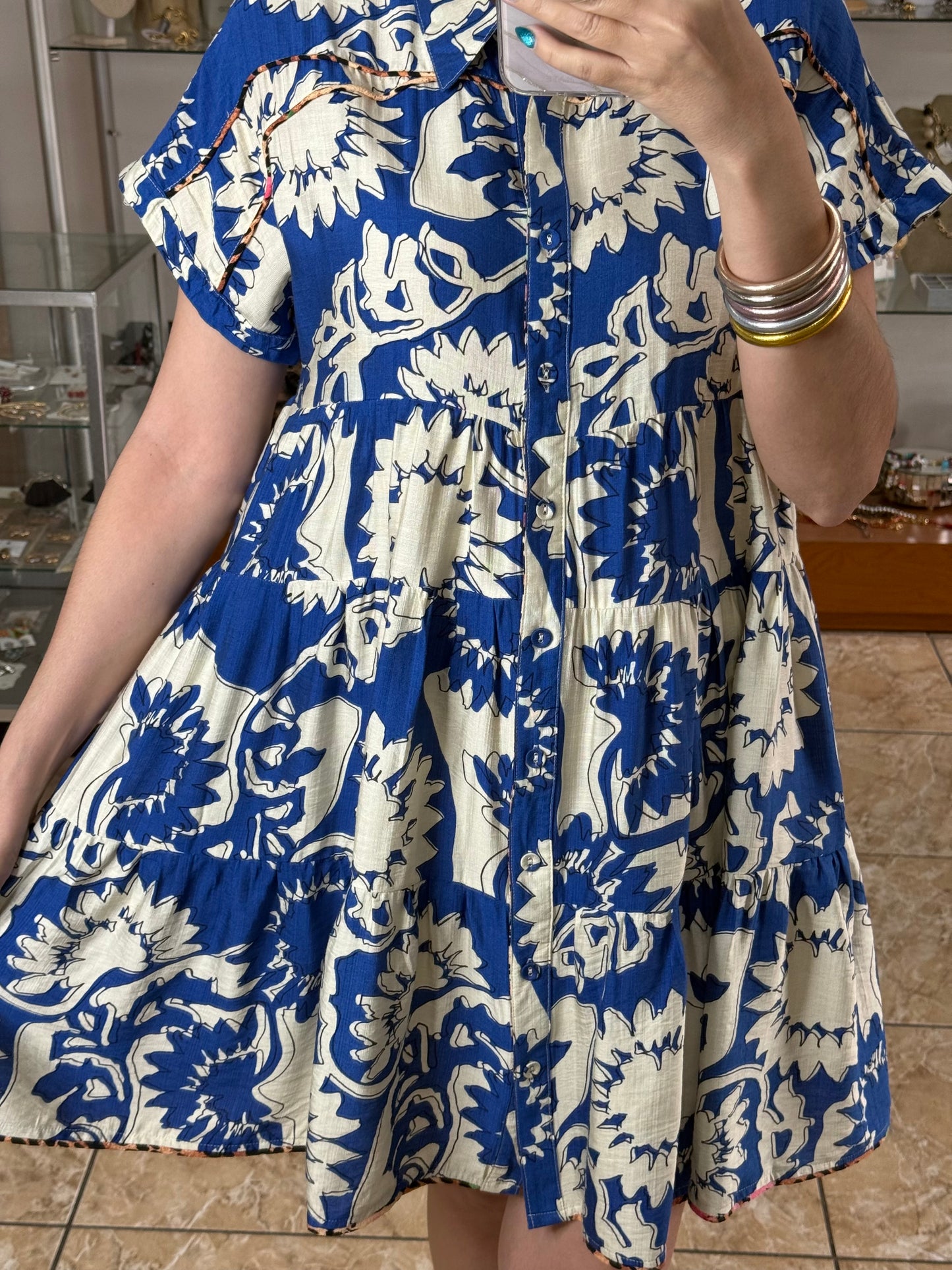 White/Blue with Leopard Detail Dress