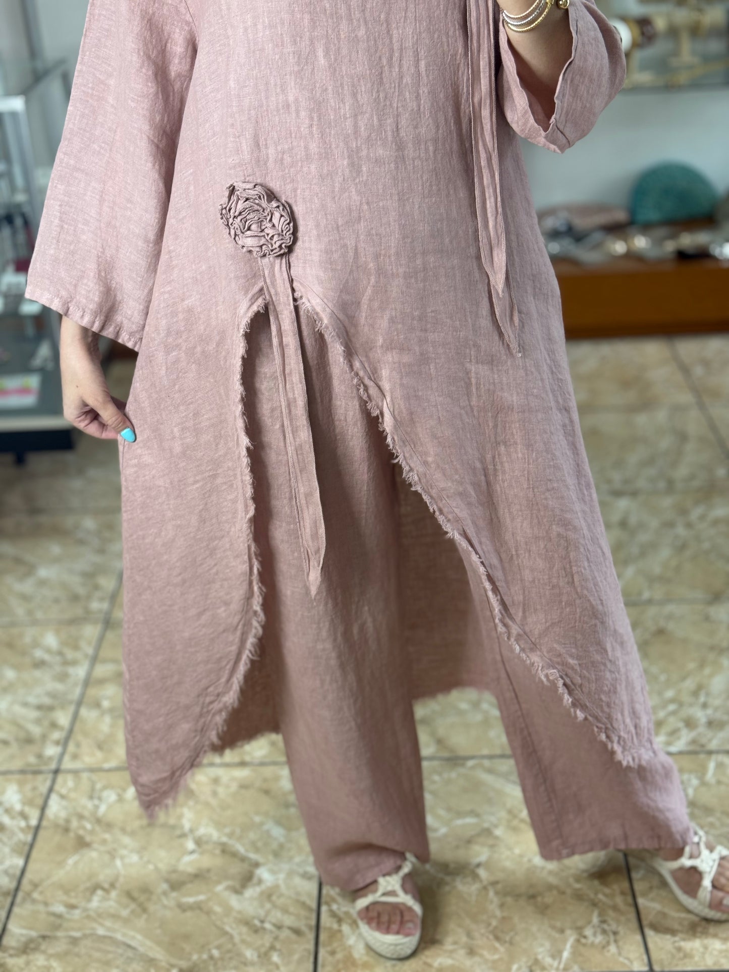 Dusty Rose OS Asymmetrical Top and Pant Linen Set (NO RETURNS OR EXCHANGE)