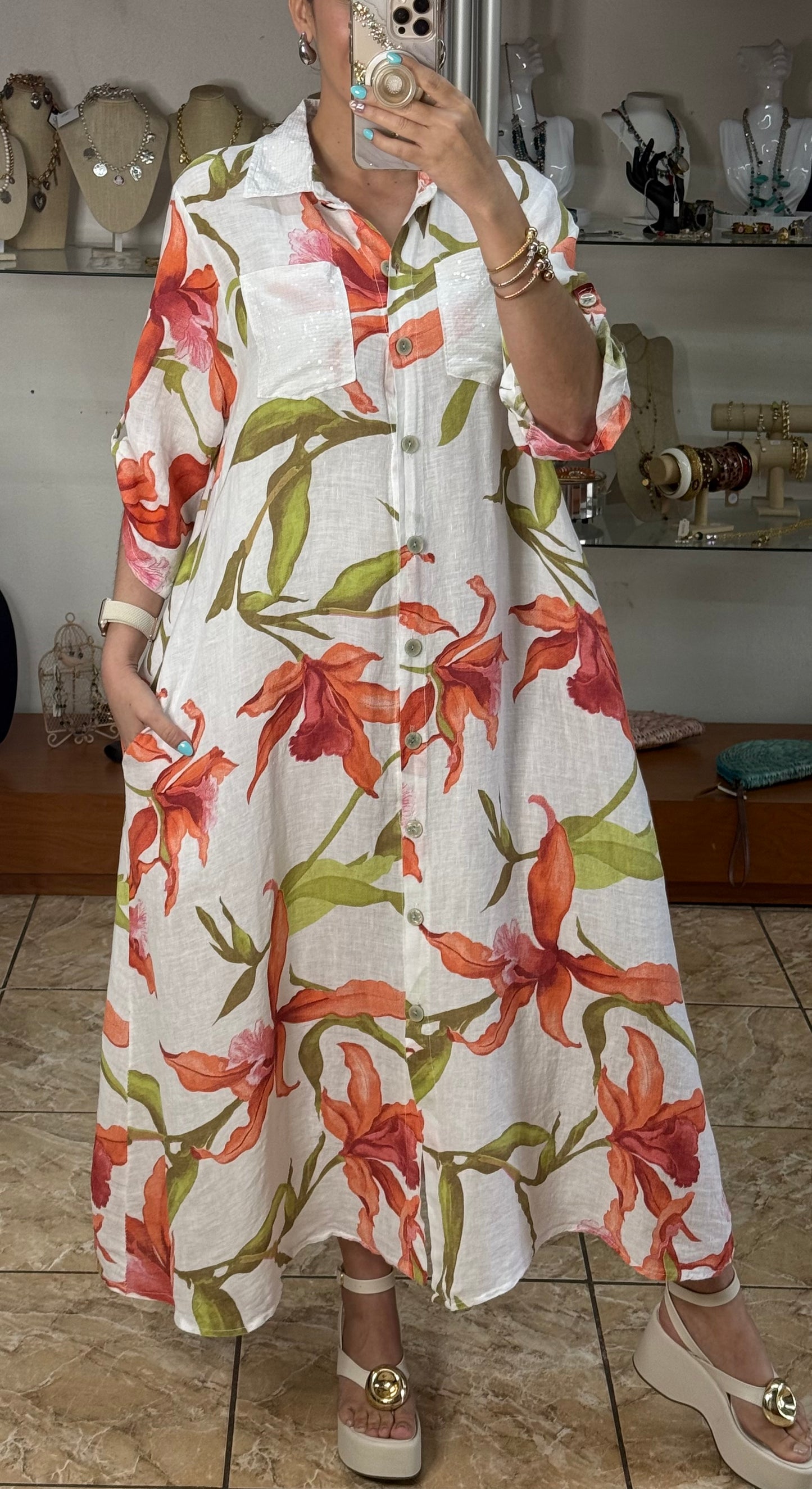 White/Orange Floral OS Linen Maxi Dress (FINAL SALE)