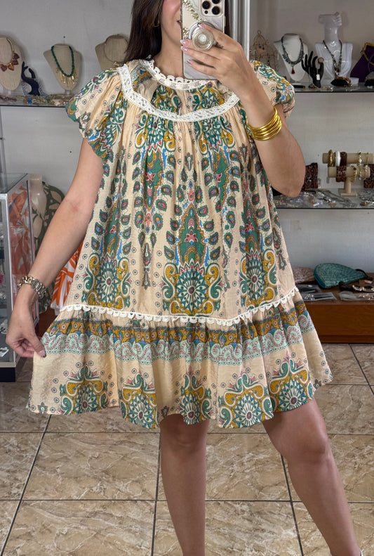 Green Mix Lace Details Mini Dress