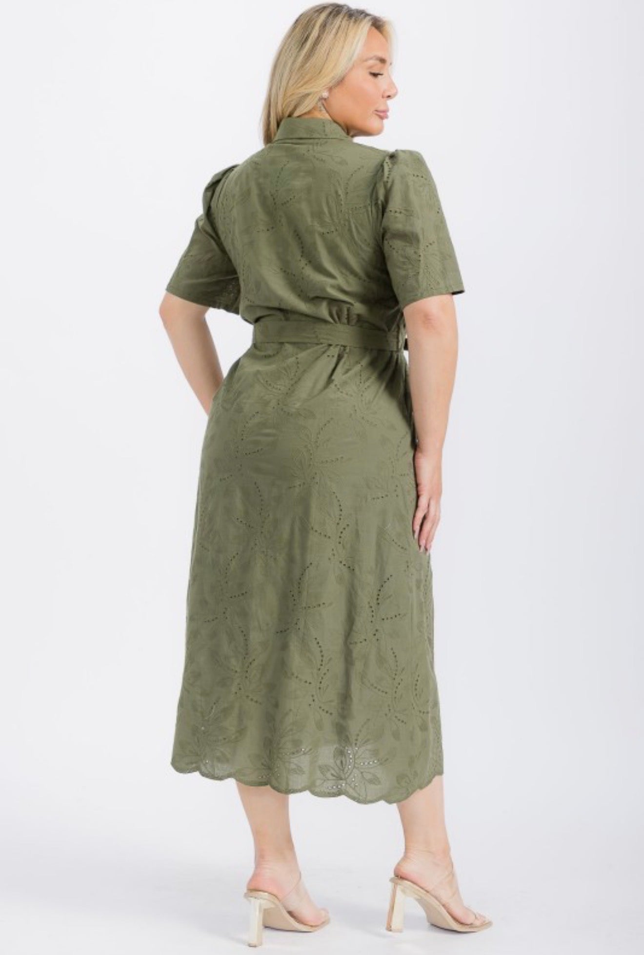 Olive Button Down Eyelet Midi Dress (PLUS)