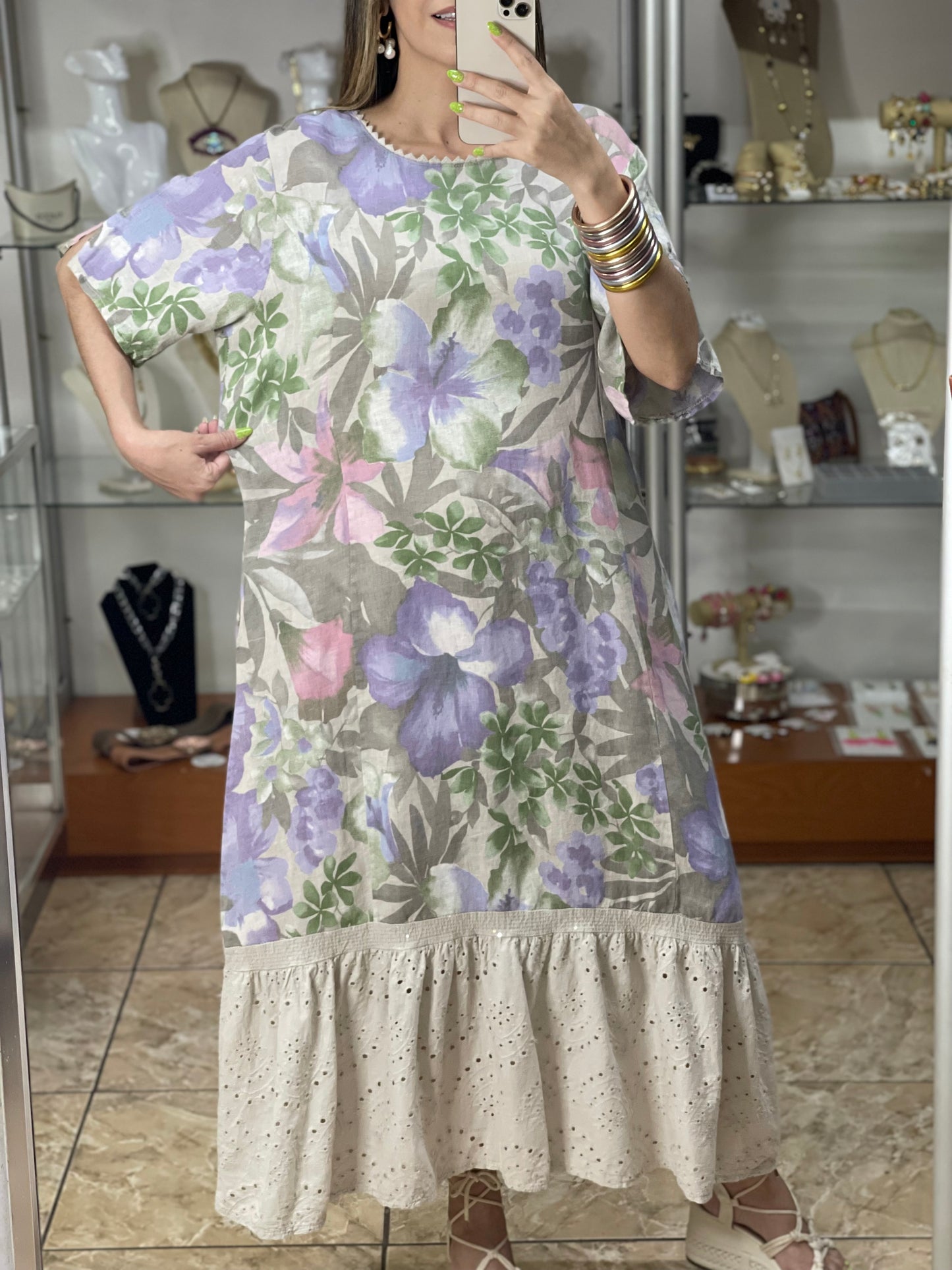 Linen Floral With Eyelet Details OS Dress