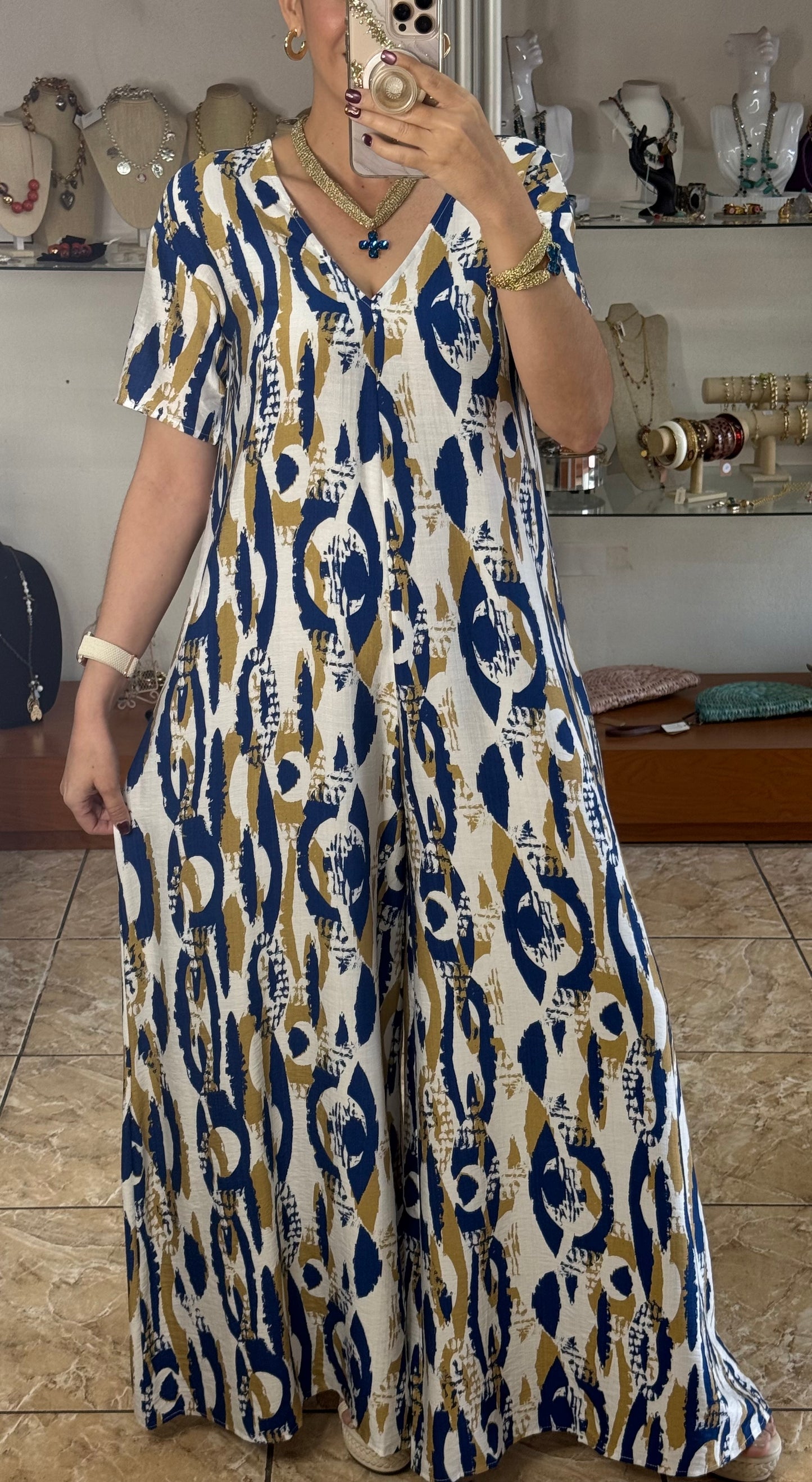 Blue Mix Short Sleeves Boho Jumpsuit