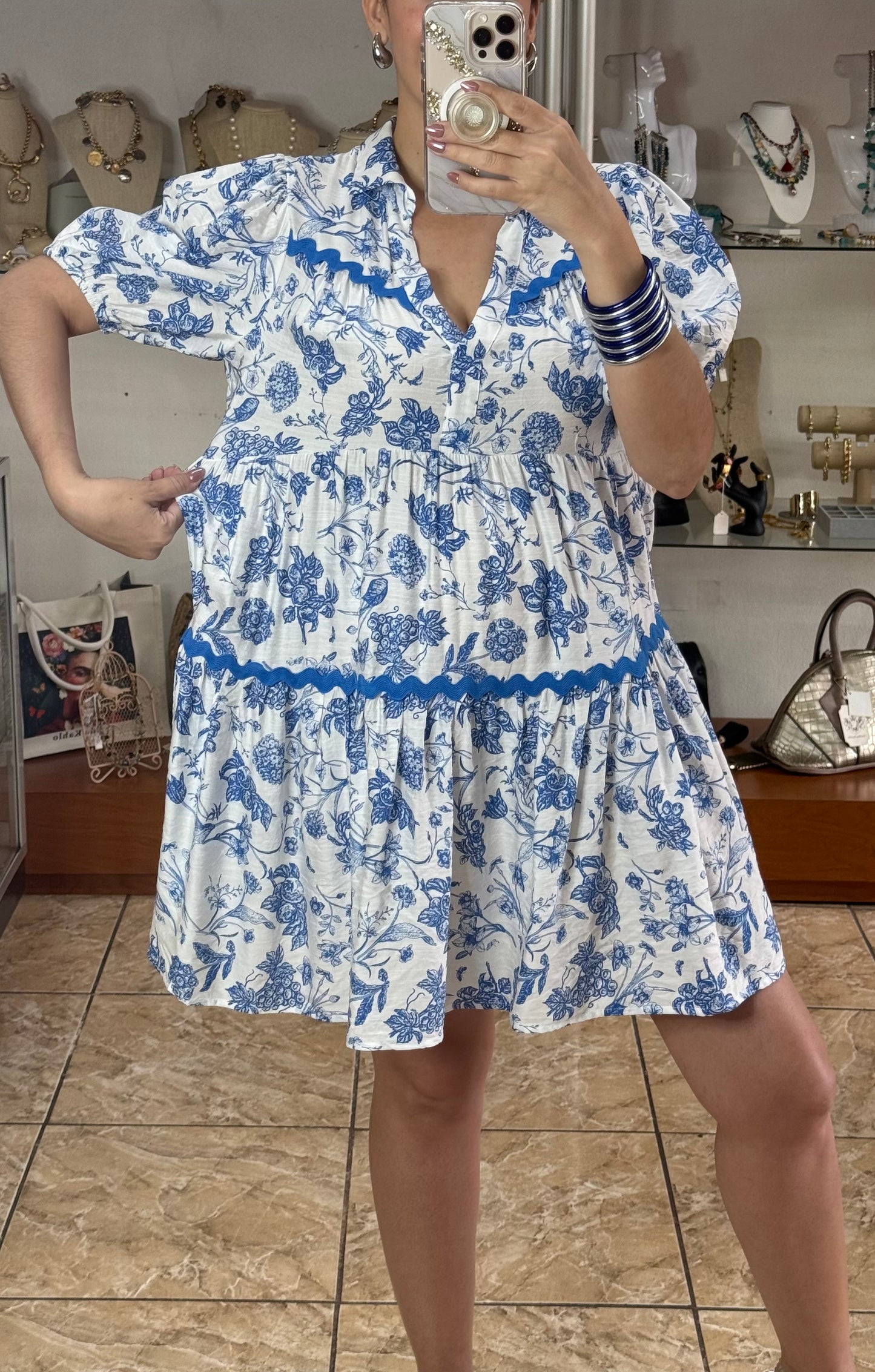 White and Blue Floral Doll Dress