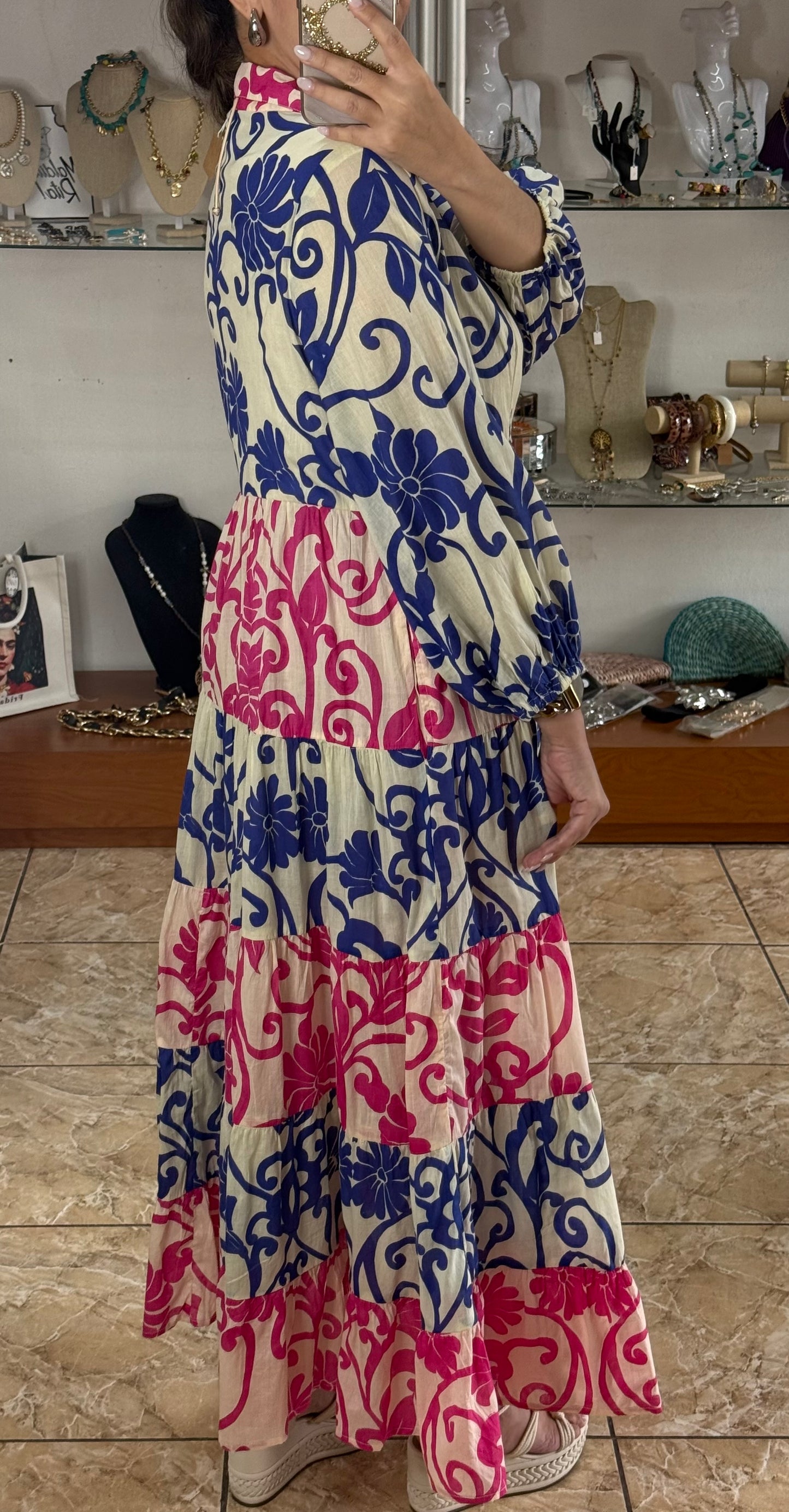 Blue/Pink Mix Button Down Maxi Dress