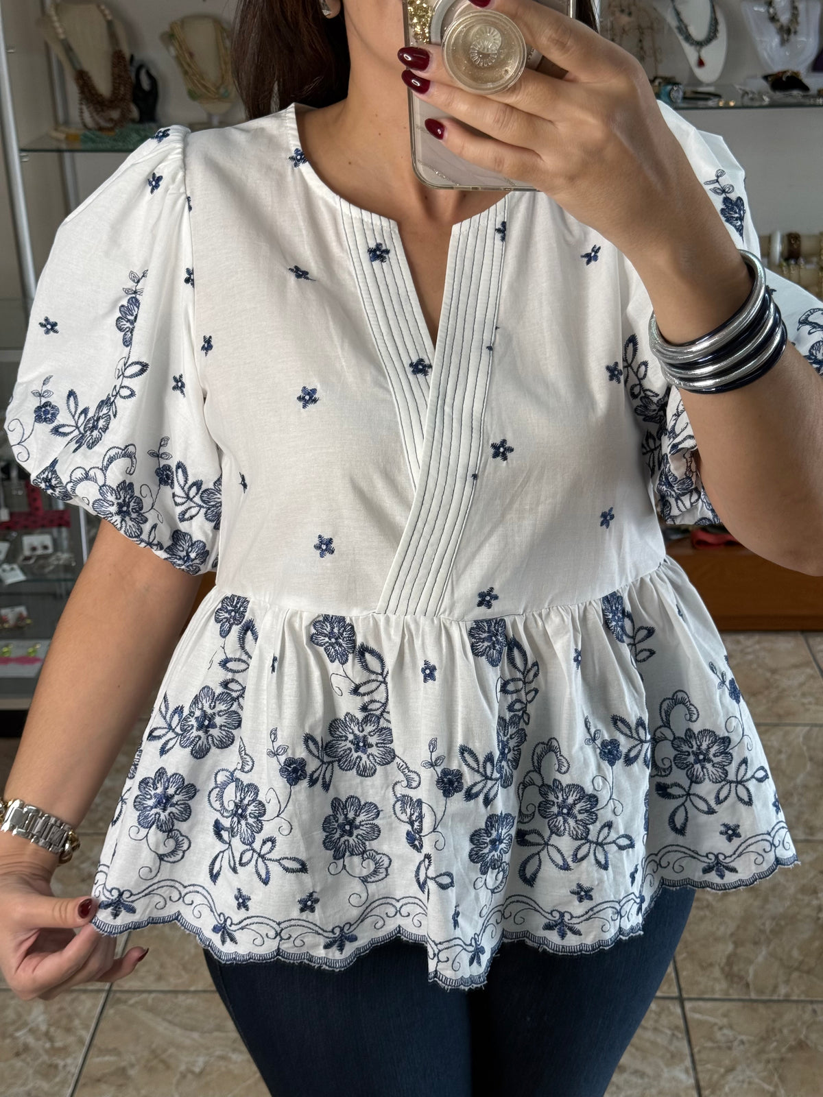 Puff Sleeve Peplum Embroidered Top